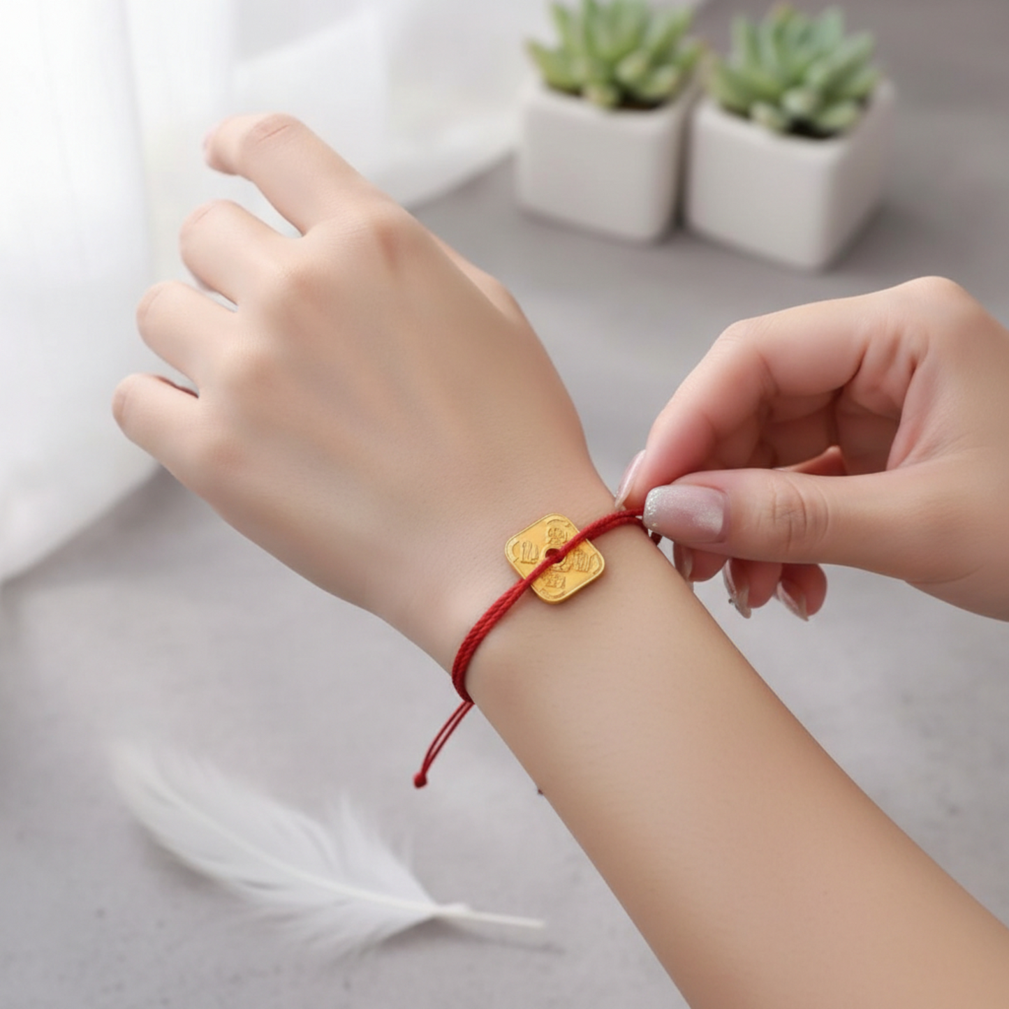 24K 999 Gold Vintage Chinese Fu Blessing Square Engraved Coin Good Luck Pendant