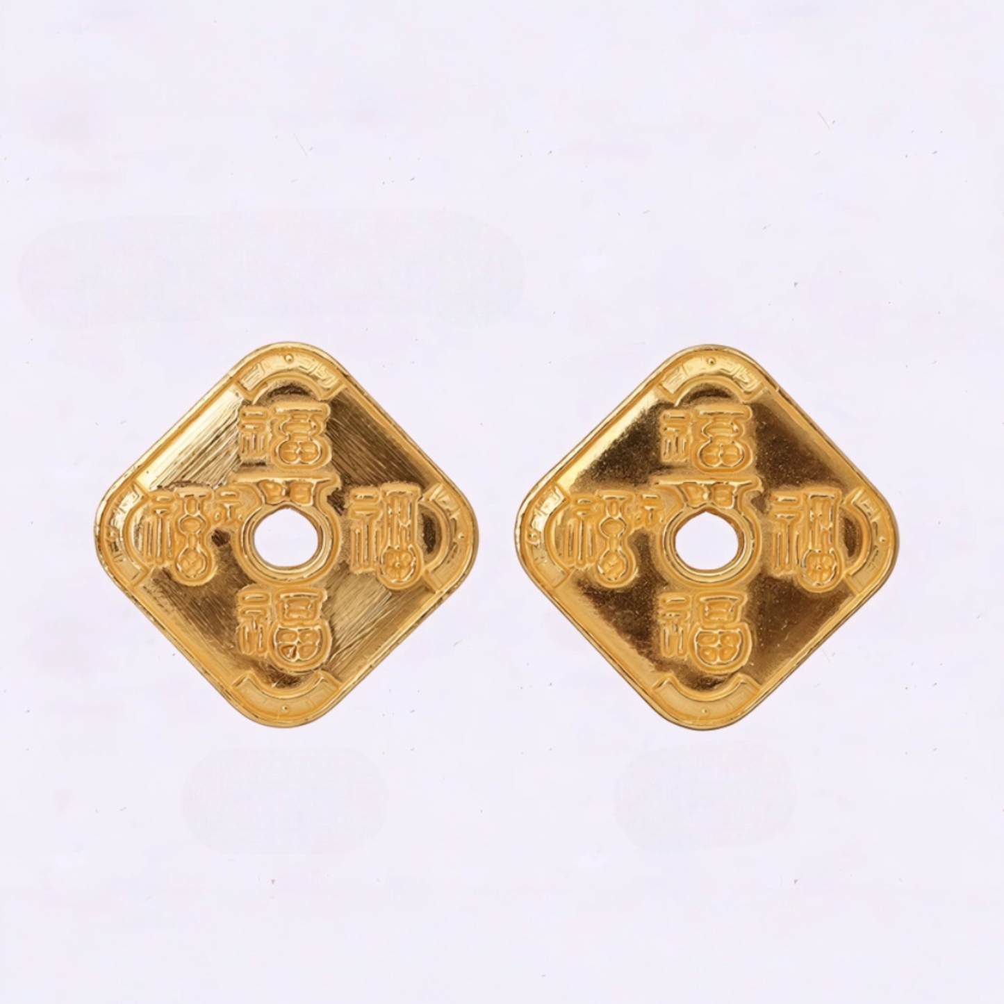 24K 999 Gold Vintage Chinese Fu Blessing Square Engraved Coin Good Luck Pendant