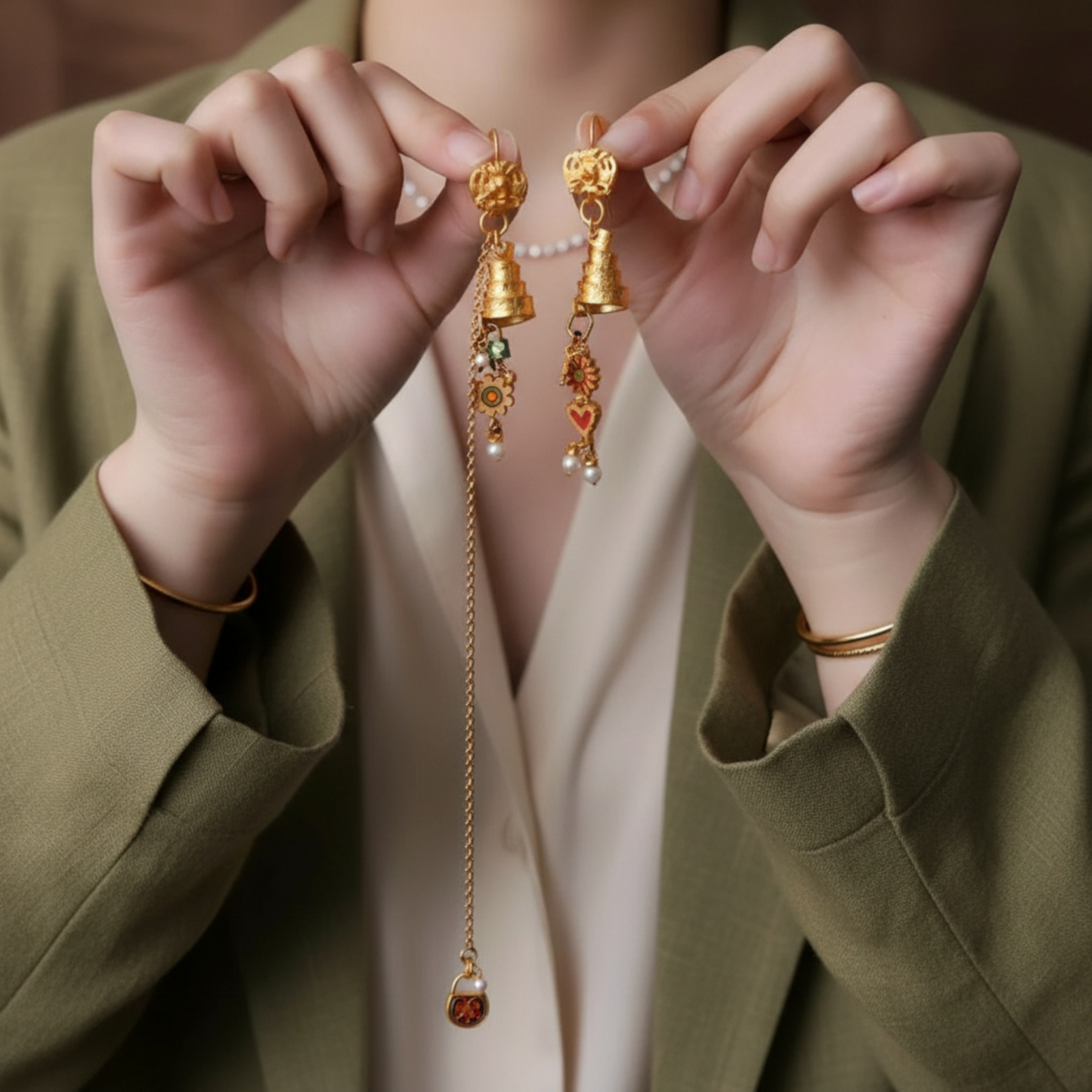 24K 999 Gold D.I.Y Charm Antique Style Hand-Engraved Brooches Earrings Floral