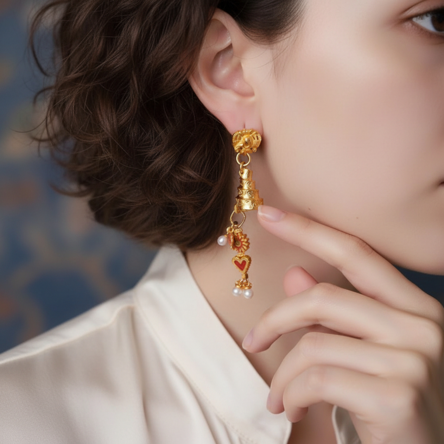 24K 999 Gold D.I.Y Charm Antique Style Hand-Engraved Brooches Earrings Floral