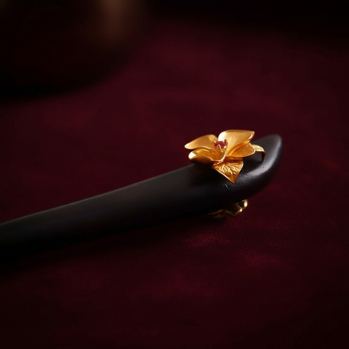 24K 999 Gold Asian Style Elegant Wooden Hairpin Flower Hair Accessory