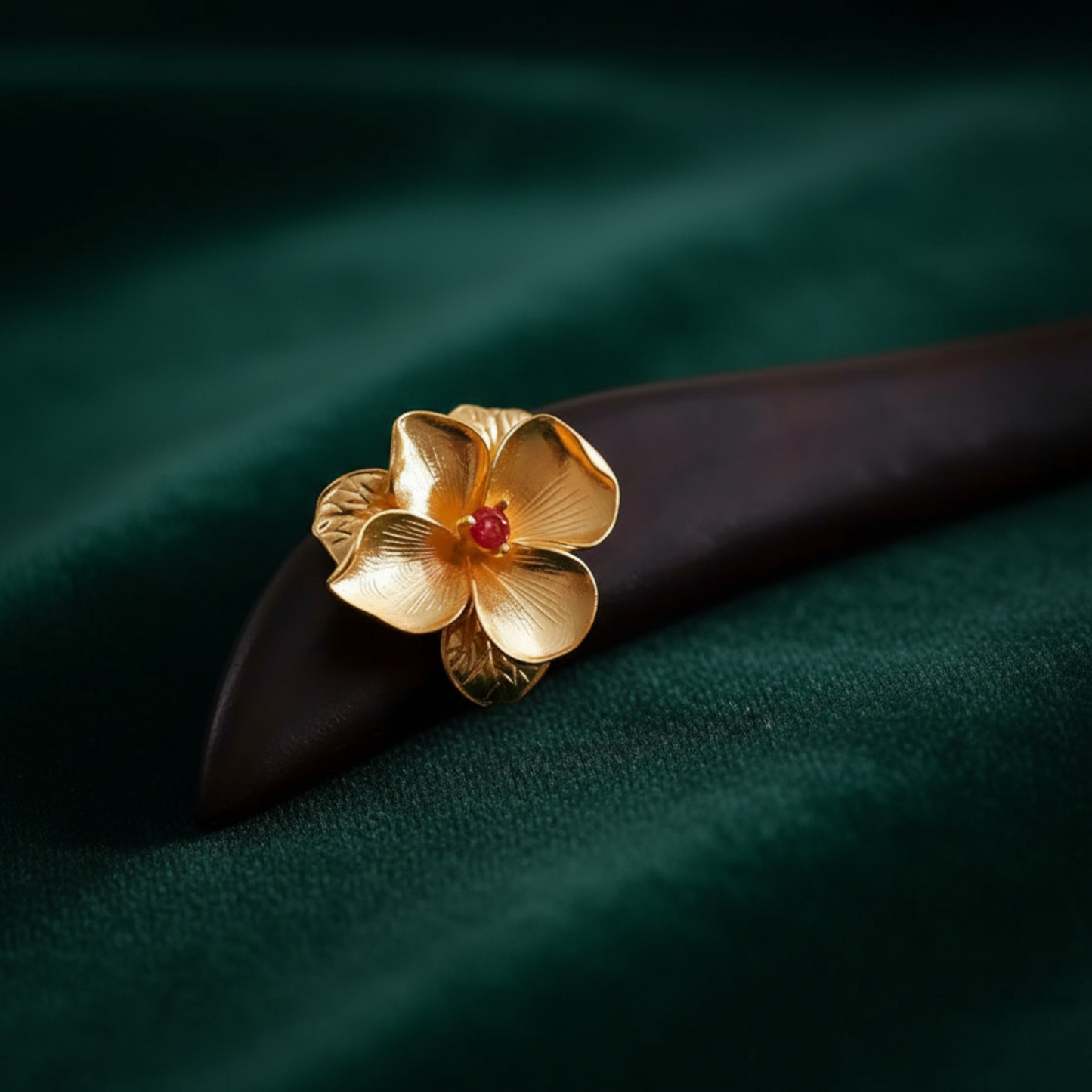 24K 999 Gold Asian Style Elegant Wooden Hairpin Flower Hair Accessory