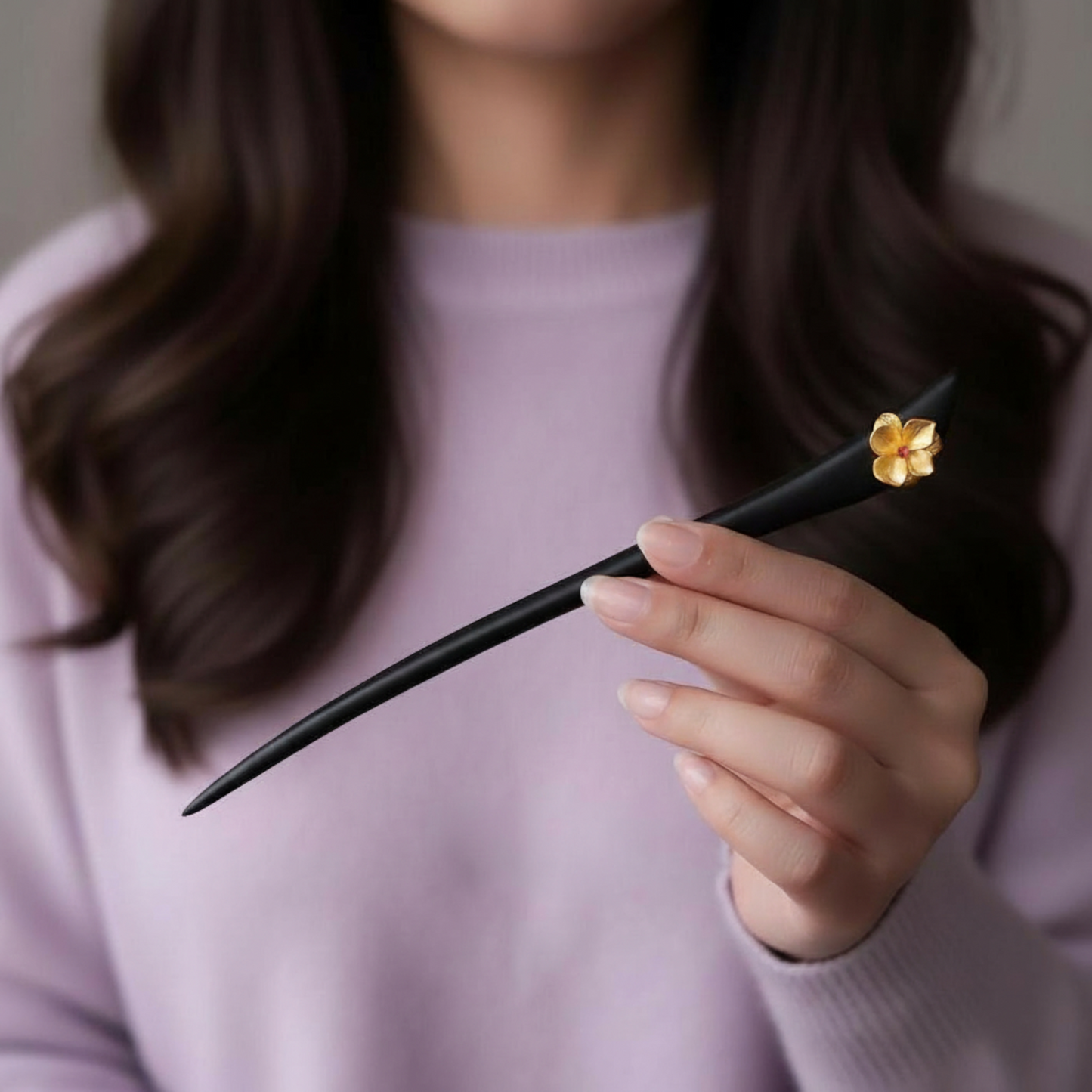 24K 999 Gold Asian Style Elegant Wooden Hairpin Flower Hair Accessory