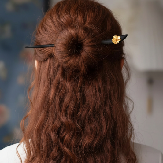 24K 999 Gold Asian Style Elegant Wooden Hairpin Flower Hair Accessory