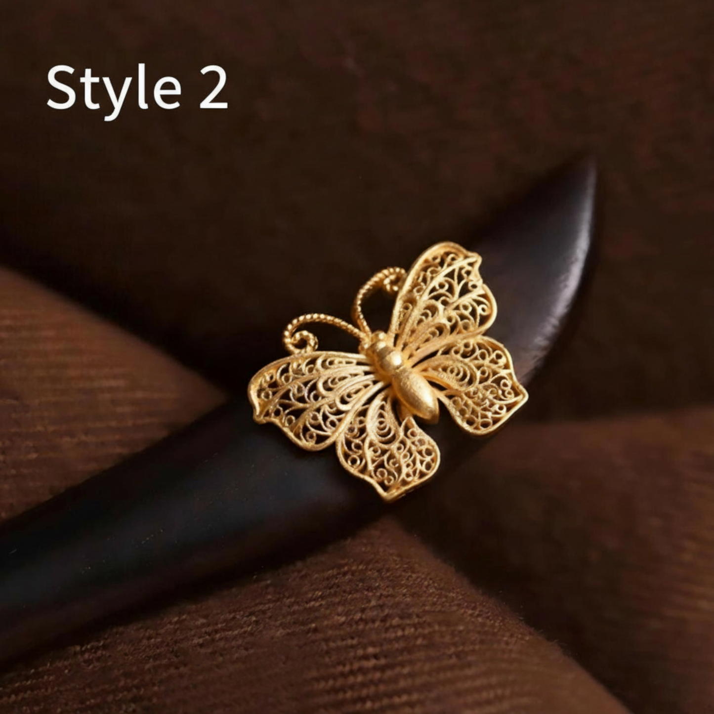 24K 999 Gold Asian Style Elegant Wooden Hairpin Butterfly Hair Accessory
