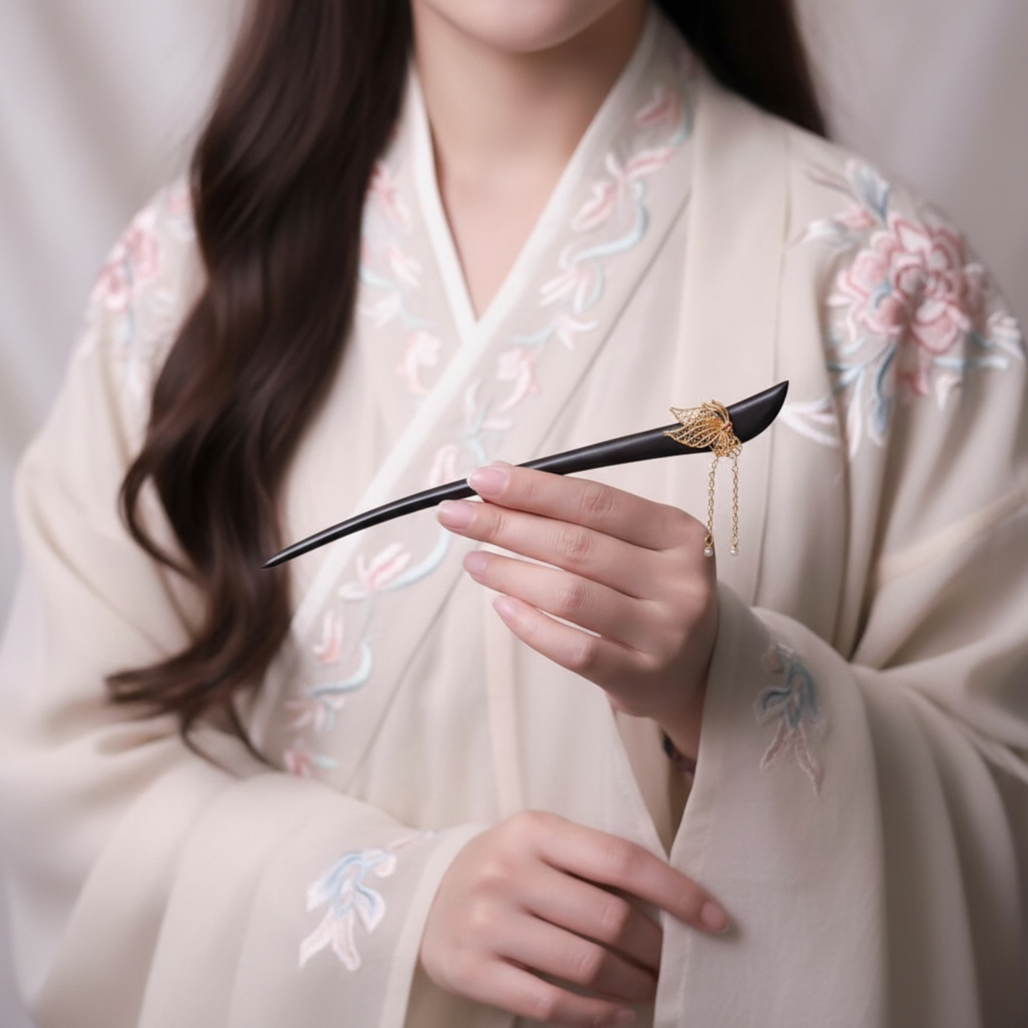 24K 999 Gold Asian Style Elegant Wooden Hairpin Butterfly Hair Accessory