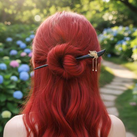 24K 999 Gold Asian Style Elegant Wooden Hairpin Butterfly Hair Accessory