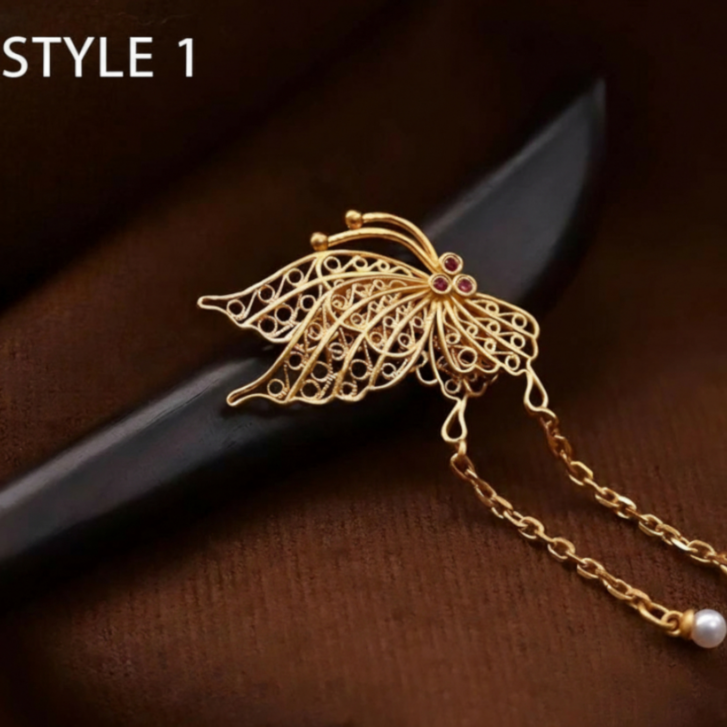 24K 999 Gold Asian Style Elegant Wooden Hairpin Butterfly Hair Accessory
