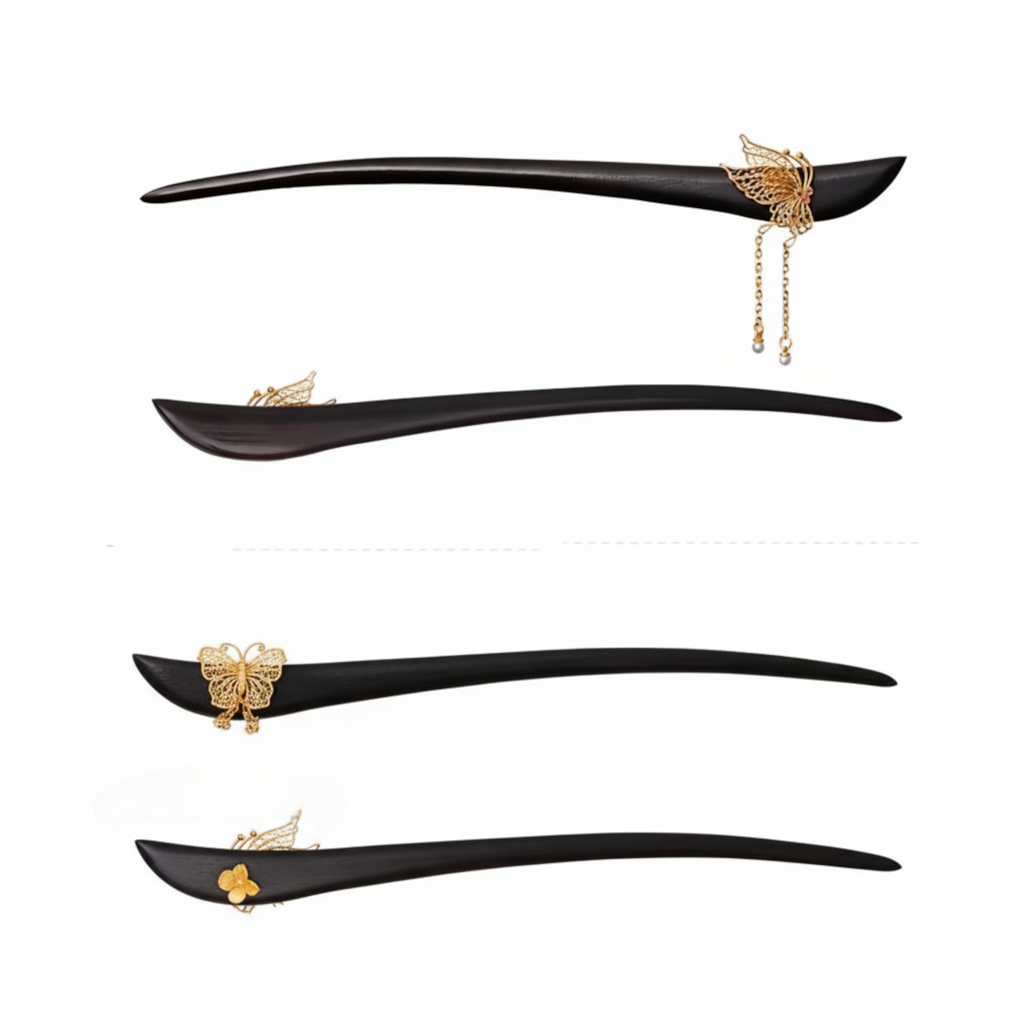 24K 999 Gold Asian Style Elegant Wooden Hairpin Butterfly Hair Accessory