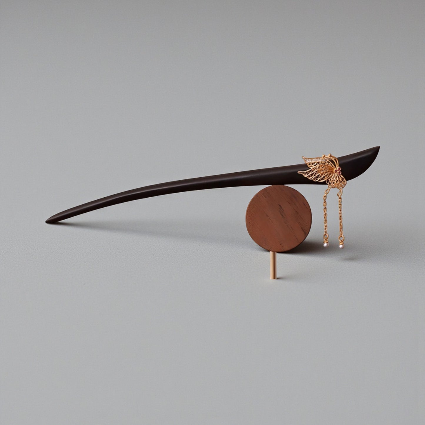 24K 999 Gold Asian Style Elegant Wooden Hairpin Butterfly Hair Accessory