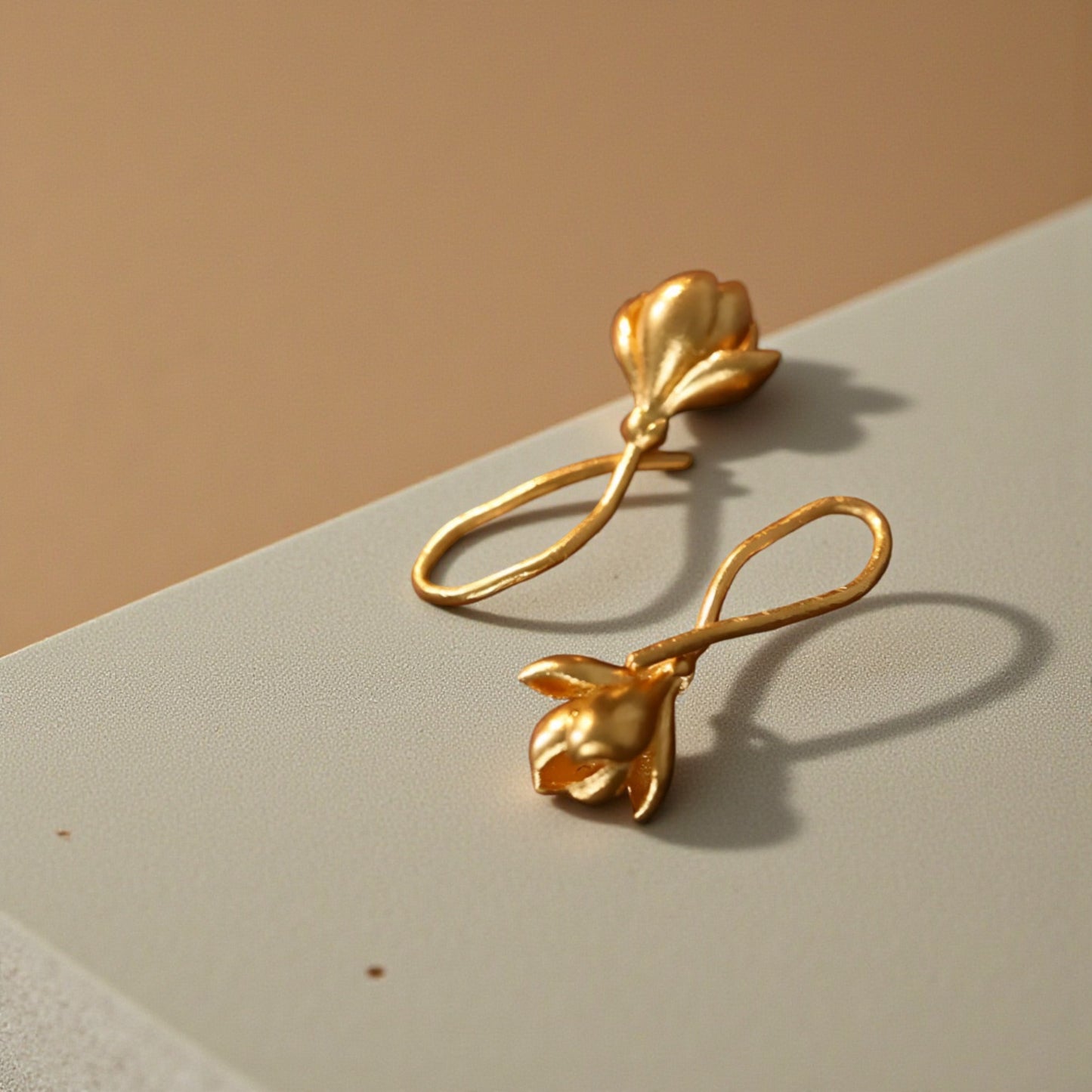 24K 999 Gold Magnolia Flower Handmade Ear Hooks Earrings