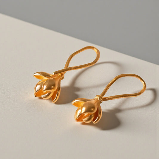 24K 999 Gold Magnolia Flower Handmade Ear Hooks Earrings