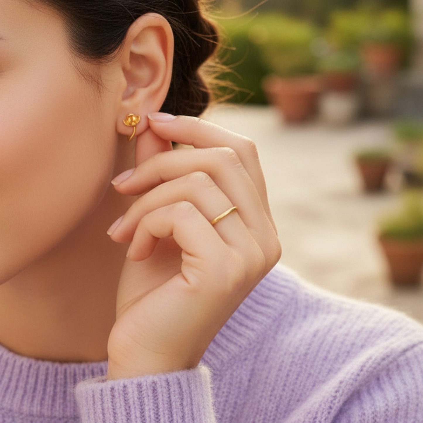 24K 999 Gold Magnolia Flower Handmade Ear Hooks Earrings