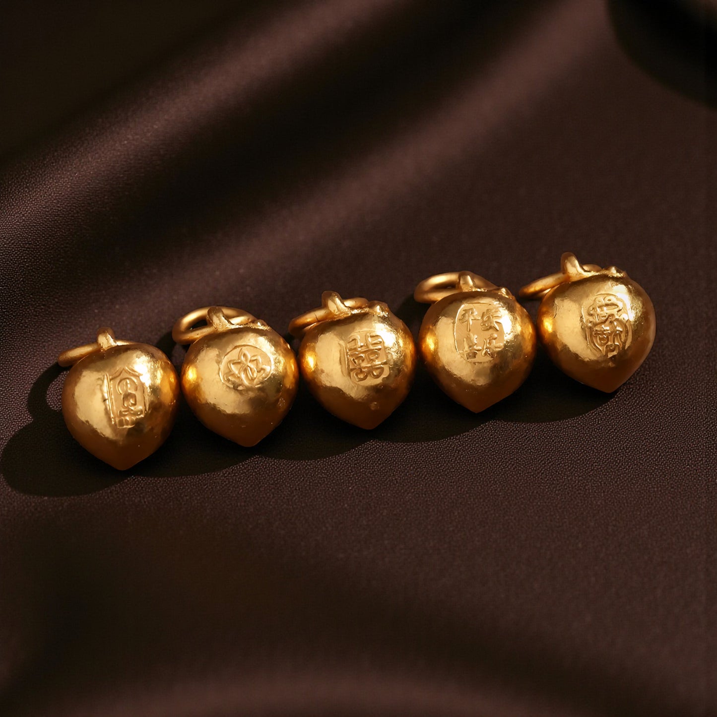 24K 999 Gold Mini Engraved Blessing Chinese Words Lucky Peach D.I.Y Charm Pendant