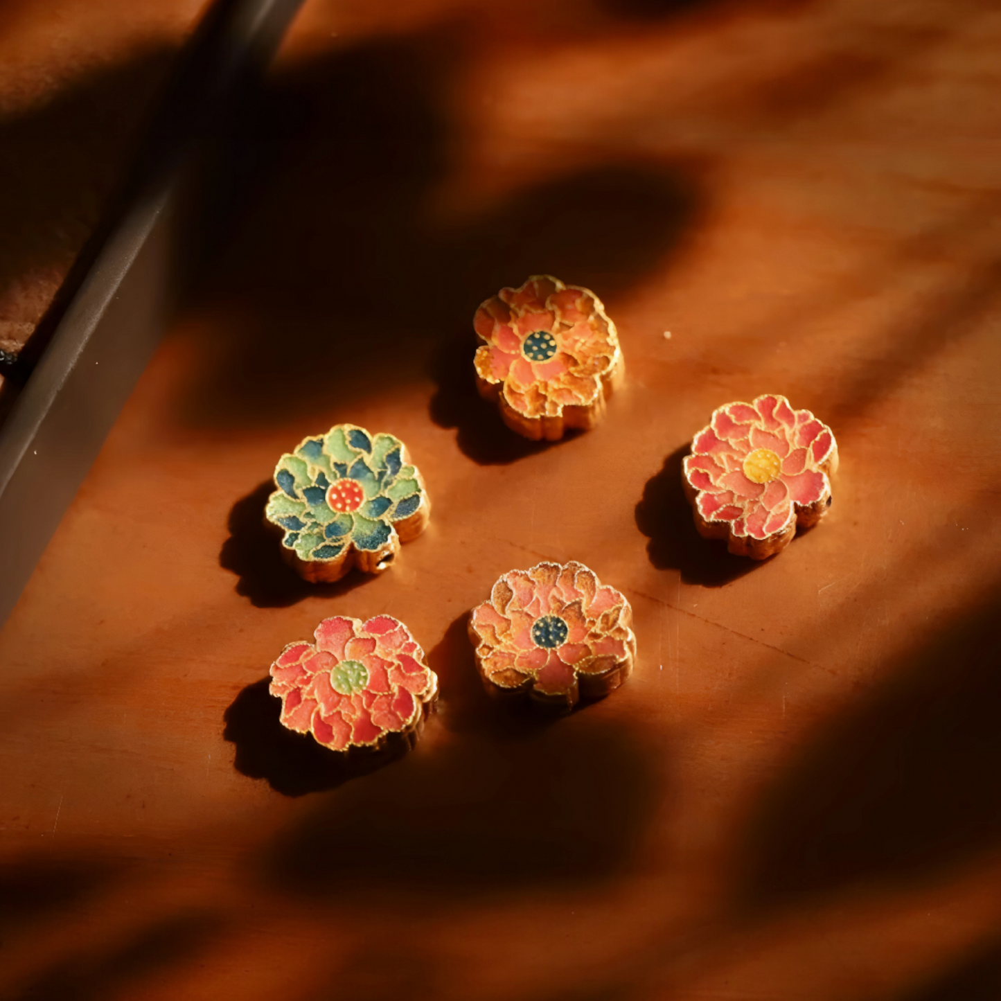 24K 999 Gold Enamel Peony Flower D.I.Y Charm Pendant