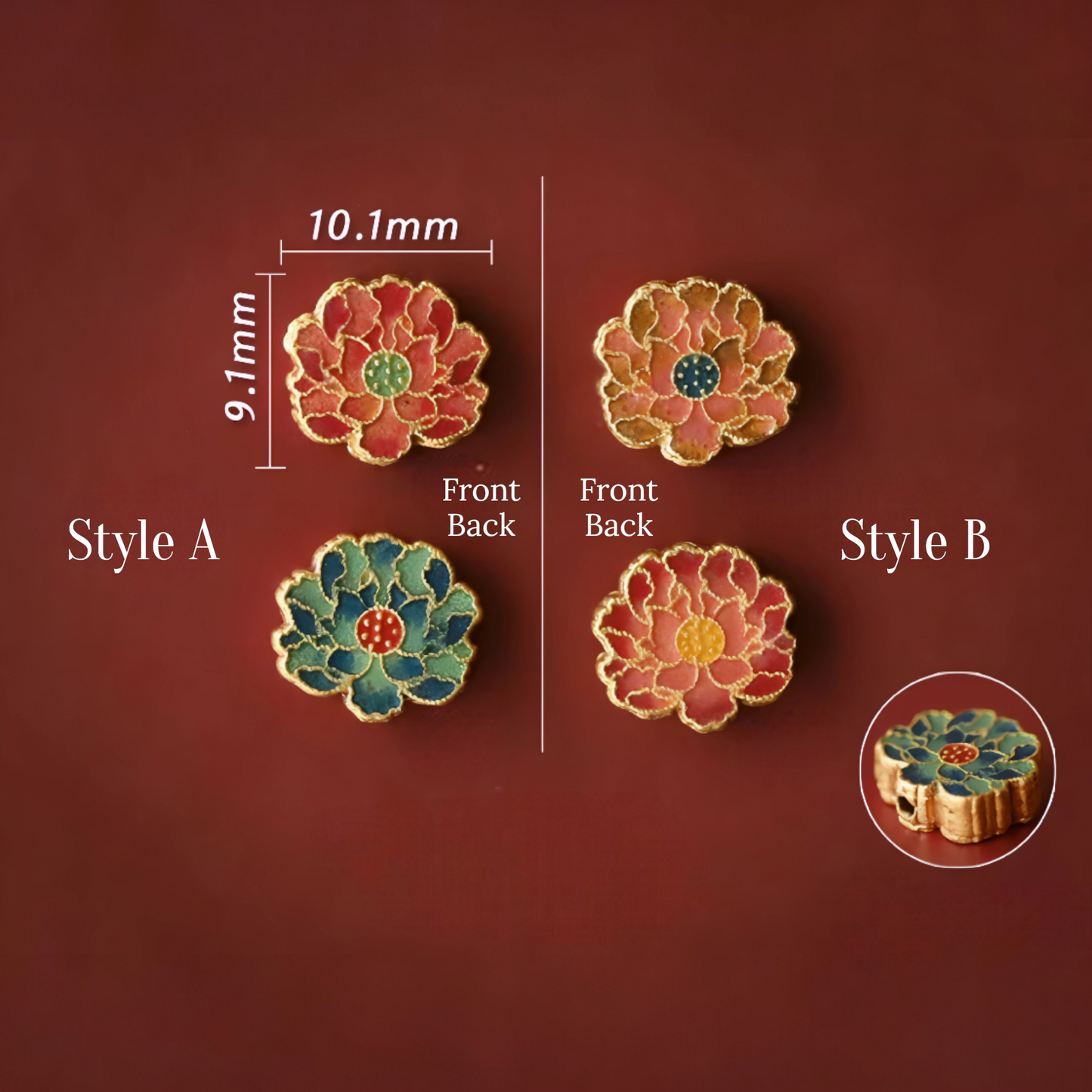 24K 999 Gold Enamel Peony Flower D.I.Y Charm Pendant