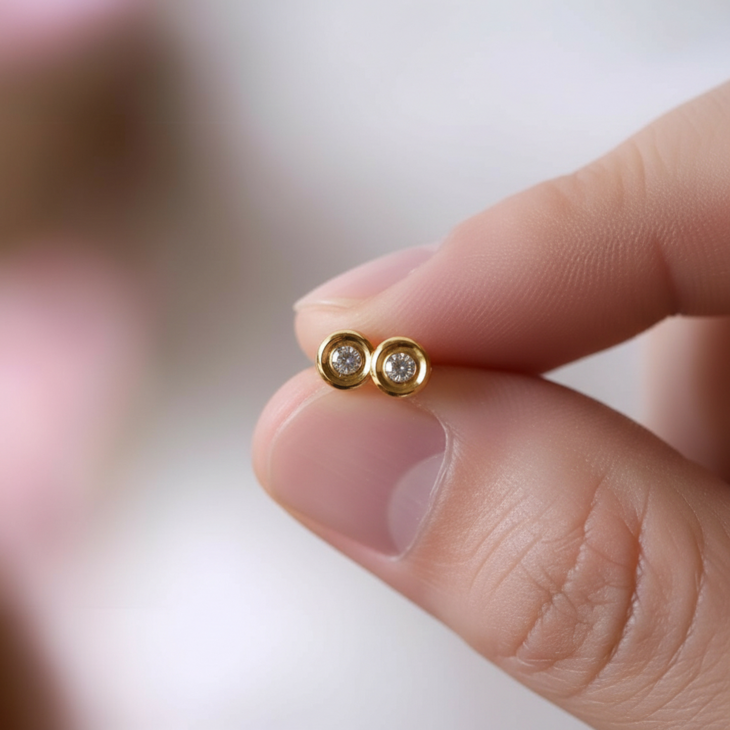 24K 999 Gold Minimal Minimalist Round Diamond Stud Earrings