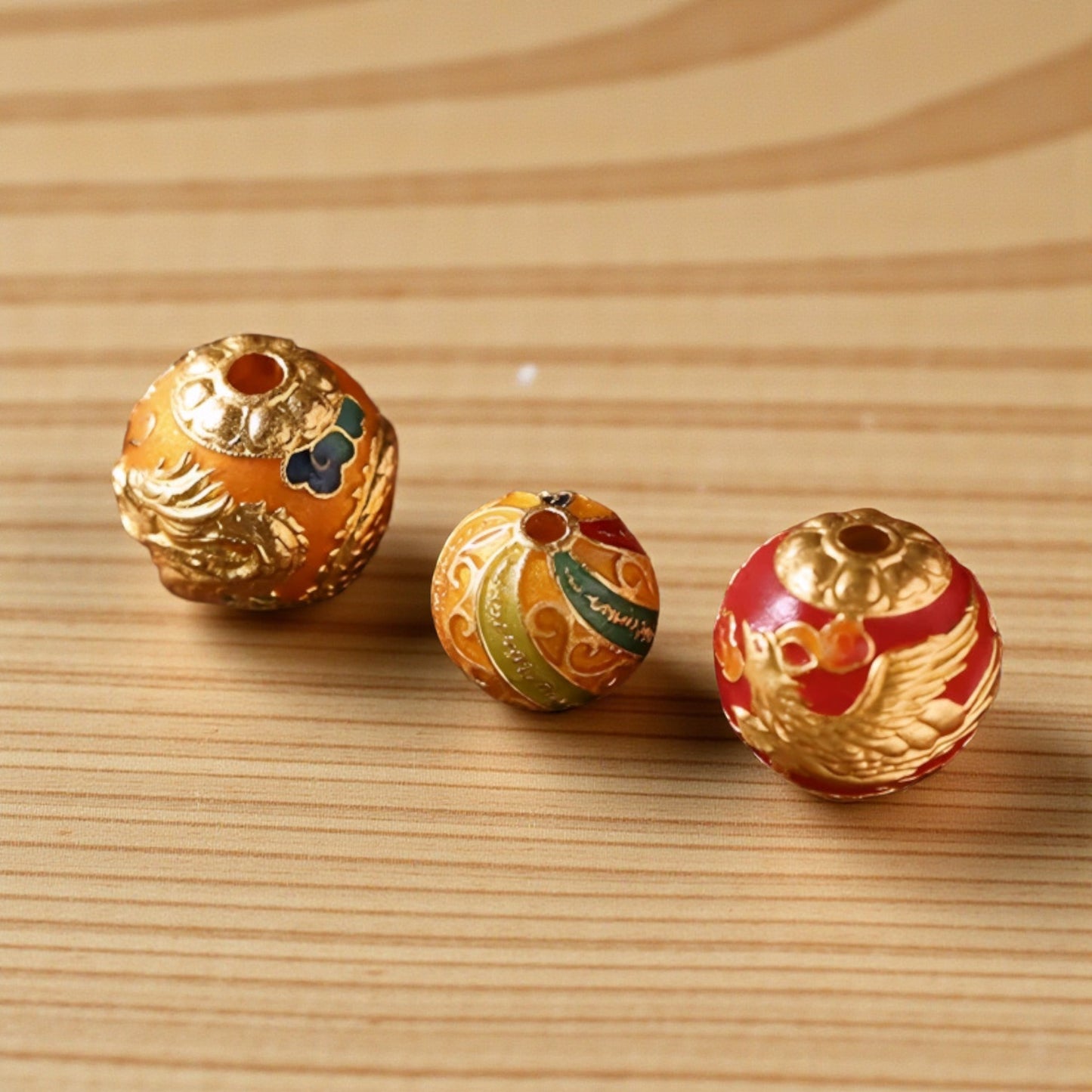 24K 999 Gold Cloisonné Enamel Dragon Phoenix Five Sutra Spacer Beads D.I.Y Charm