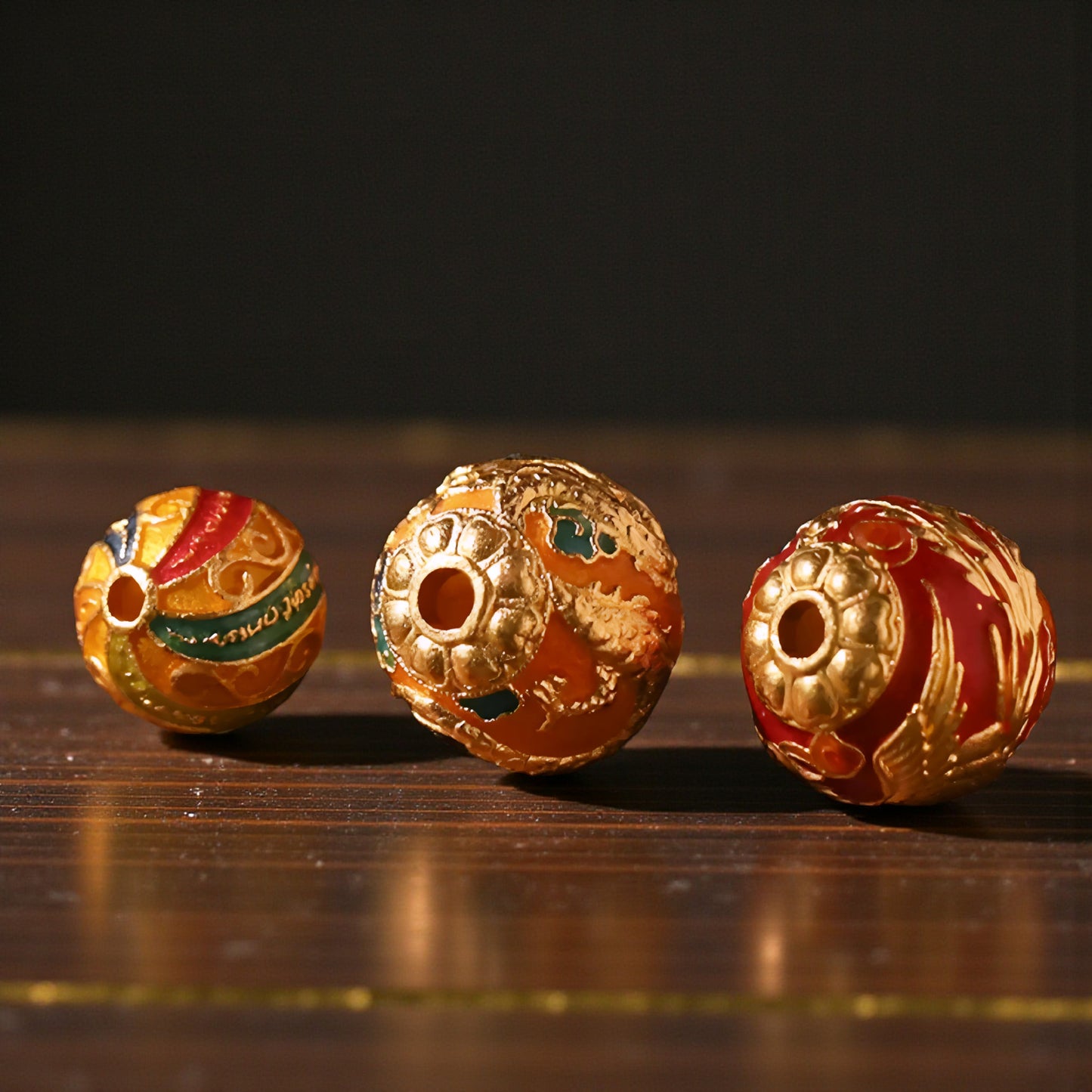 24K 999 Gold Cloisonné Enamel Dragon Phoenix Five Sutra Spacer Beads D.I.Y Charm