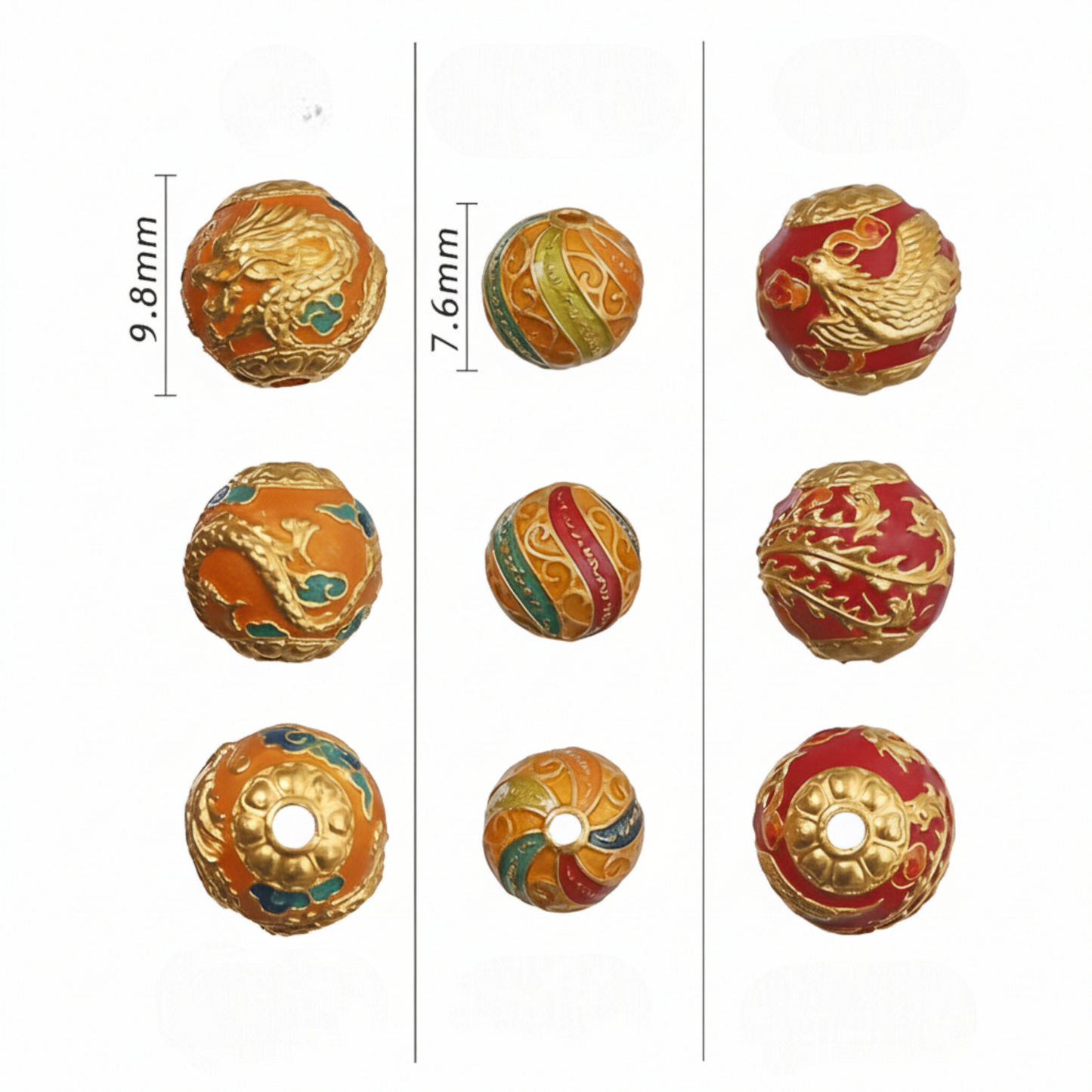 24K 999 Gold Cloisonné Enamel Dragon Phoenix Five Sutra Spacer Beads D.I.Y Charm