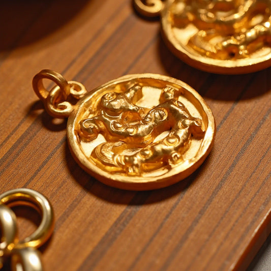 24K 999 Gold Hand-Carved Dragon Round D.I.Y Charm Pendant