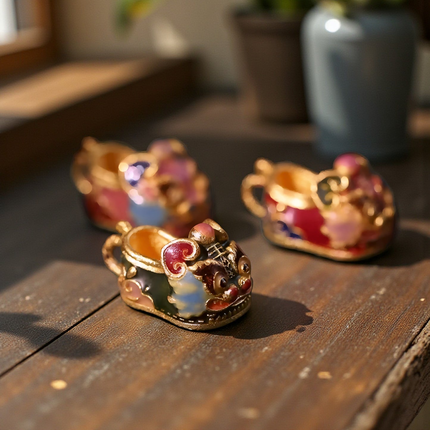 24K 999 Gold Small Cloisonné Enamel Lucky Tiger Head Shoes D.I.Y Charm Pendant