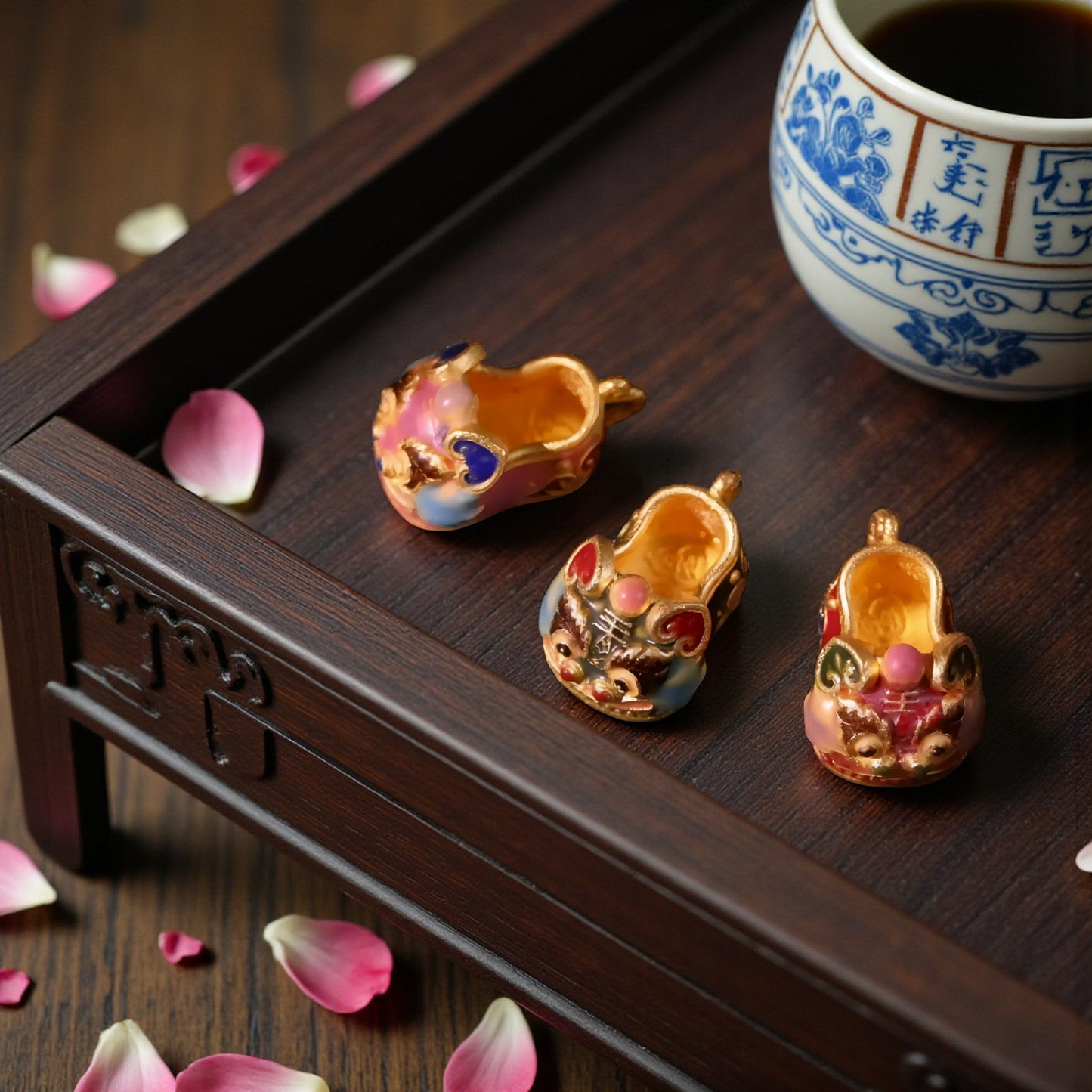 24K 999 Gold Small Cloisonné Enamel Lucky Tiger Head Shoes D.I.Y Charm Pendant