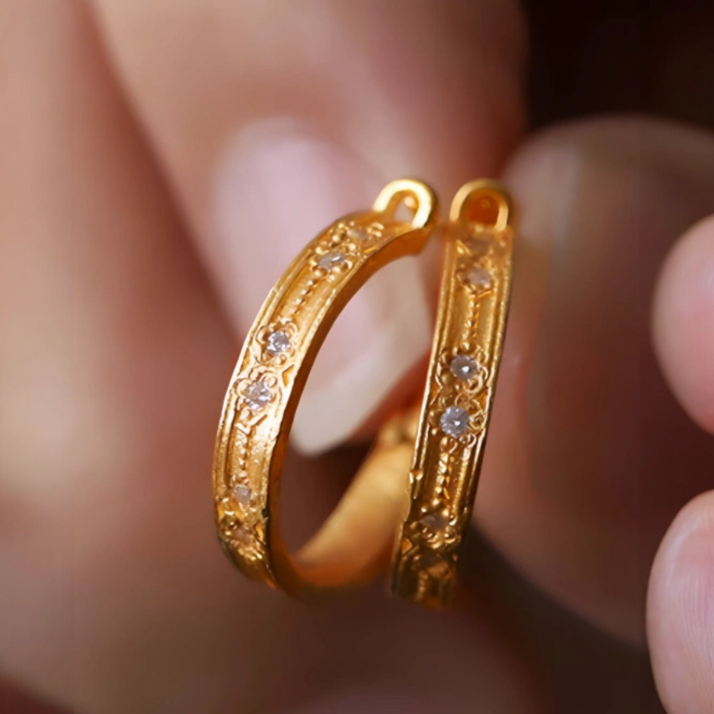 24K 999 Gold Diamond Hoop Earrings