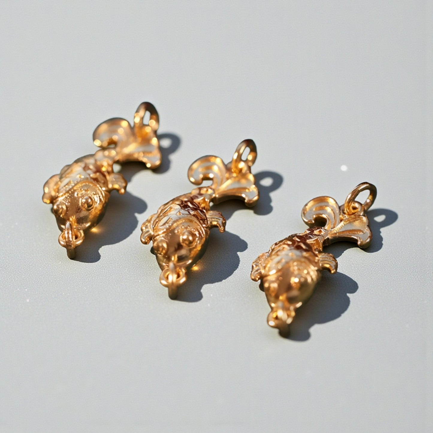24K 999 Gold Engraved Double Hook Goldfish Fish Spacer D.I.Y Charm Accessories
