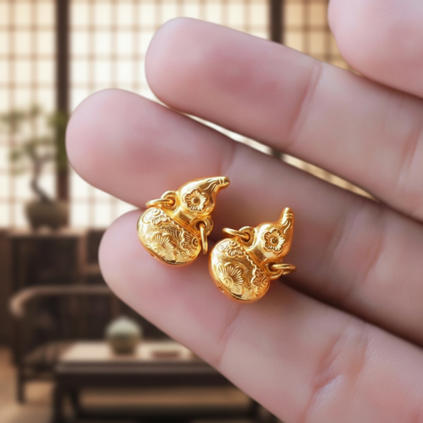 24K 999 Gold Gourd Charm D.I.Y Double hook Flower Pendant