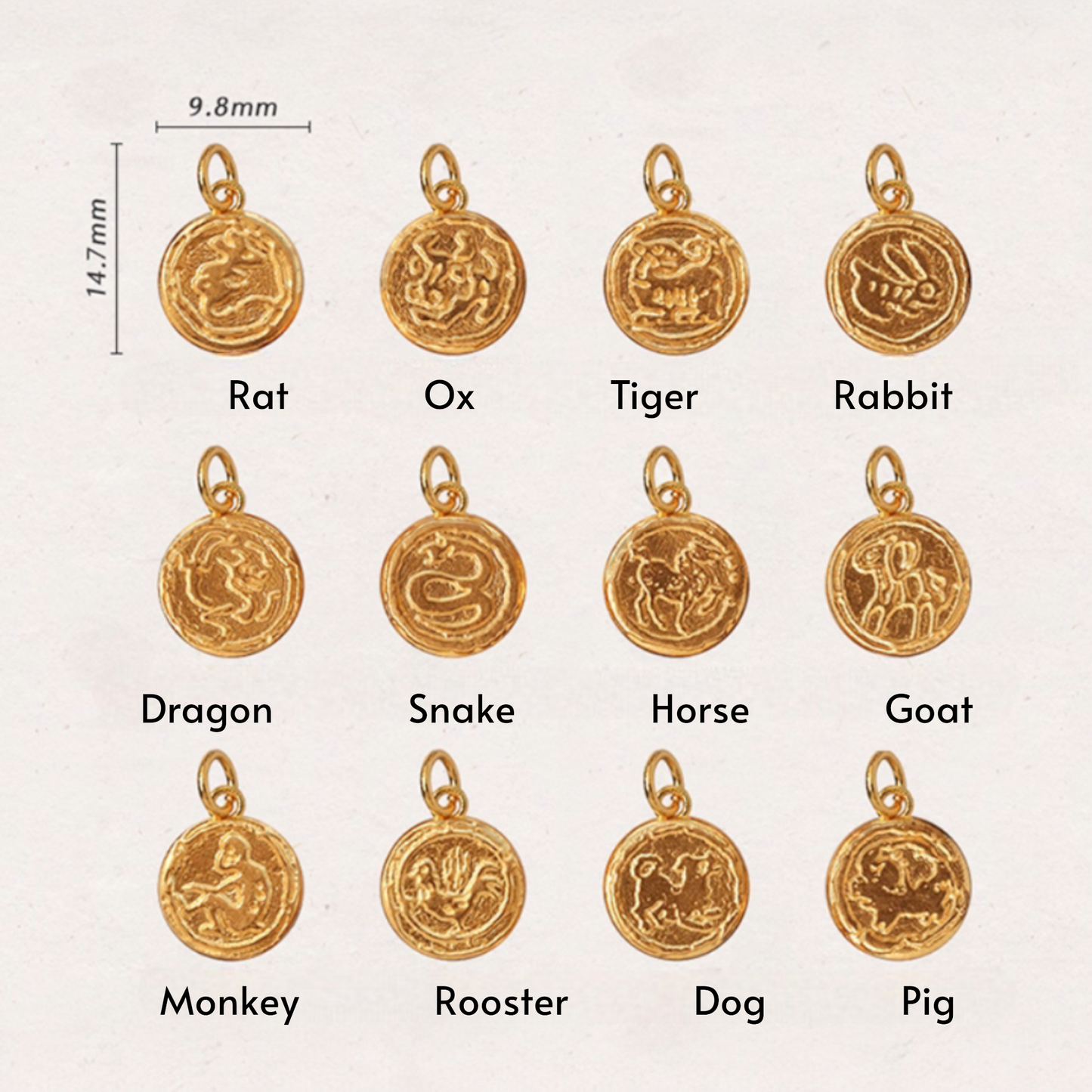 24K 999 Gold Mini Engraved Chinese Zodic Birth Year Animal Round D.I.Y Charm Pendant