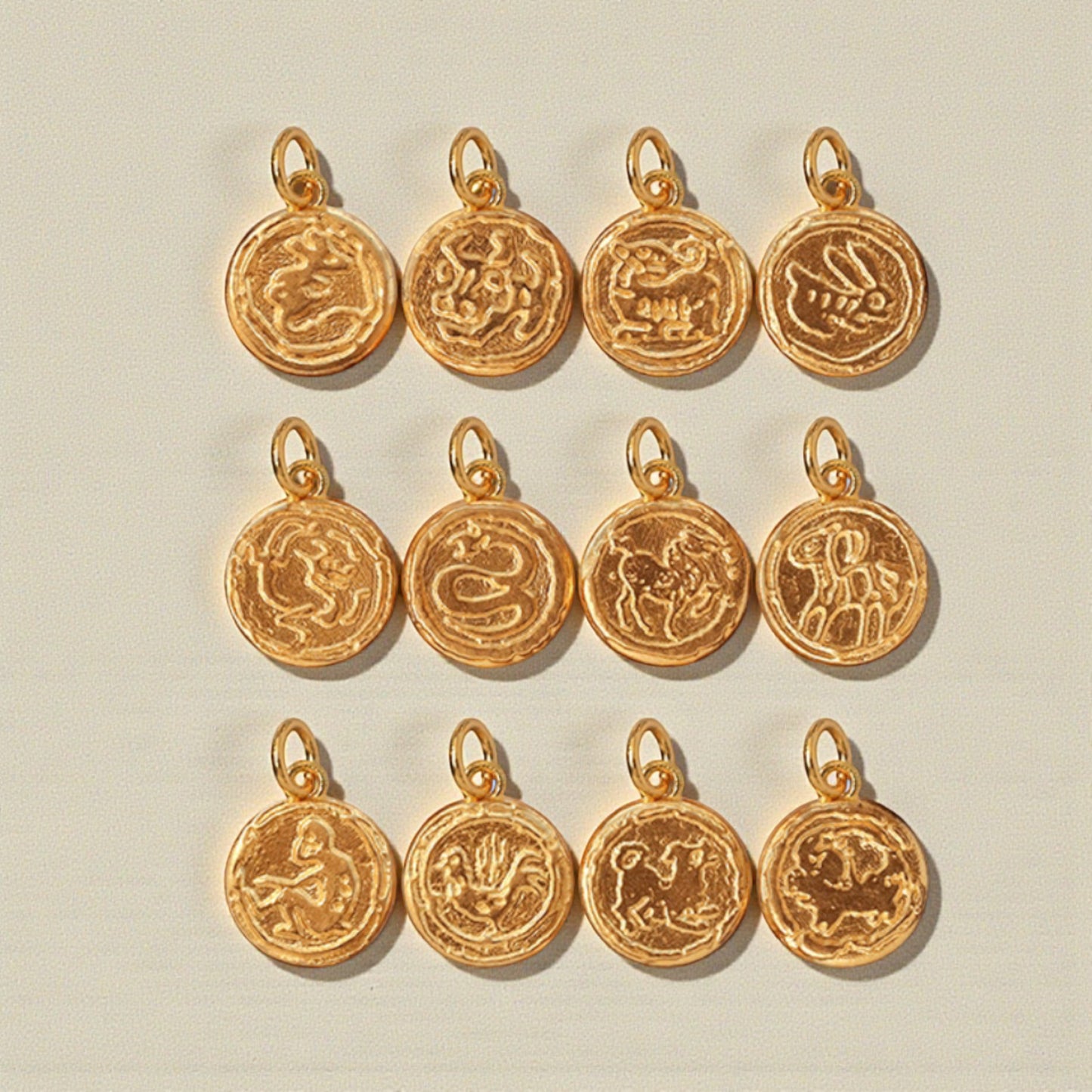 24K 999 Gold Mini Engraved Chinese Zodic Birth Year Animal Round D.I.Y Charm Pendant