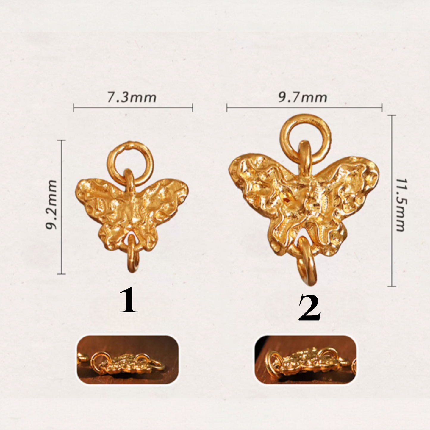 24K Gold D.I.Y Small Butterfly Dual-Hook Hammered Handmade Charm