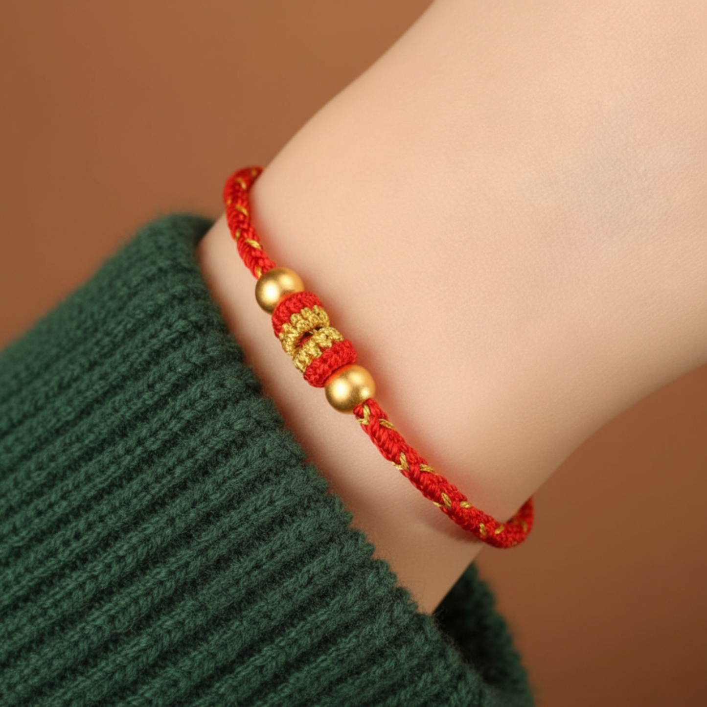 24k Solid 999 Gold Beads with Red String Hand Made Braided Rope Bracelet