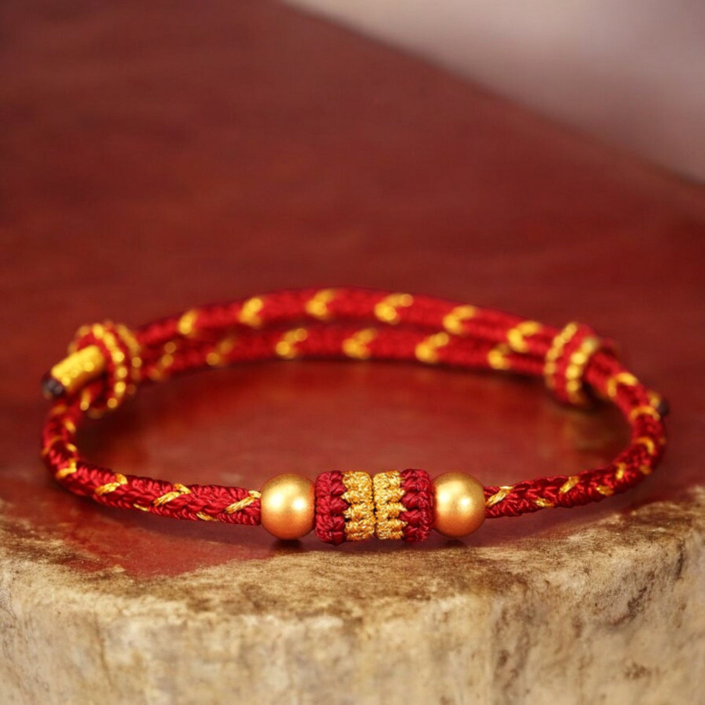 24k Solid 999 Gold Beads with Red String Hand Made Braided Rope Bracelet