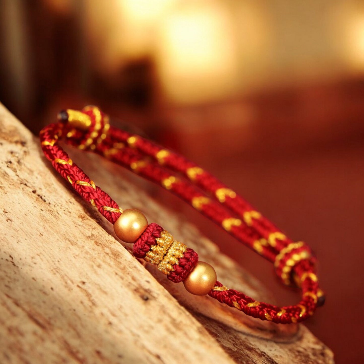 24k Solid 999 Gold Beads with Red String Hand Made Braided Rope Bracelet