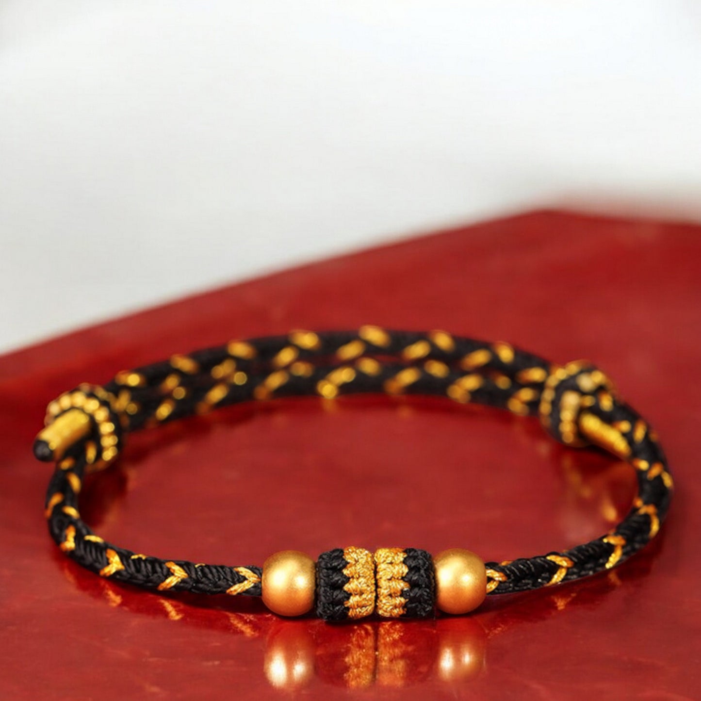 24k Solid 999 Gold Beads with Red String Hand Made Braided Rope Bracelet