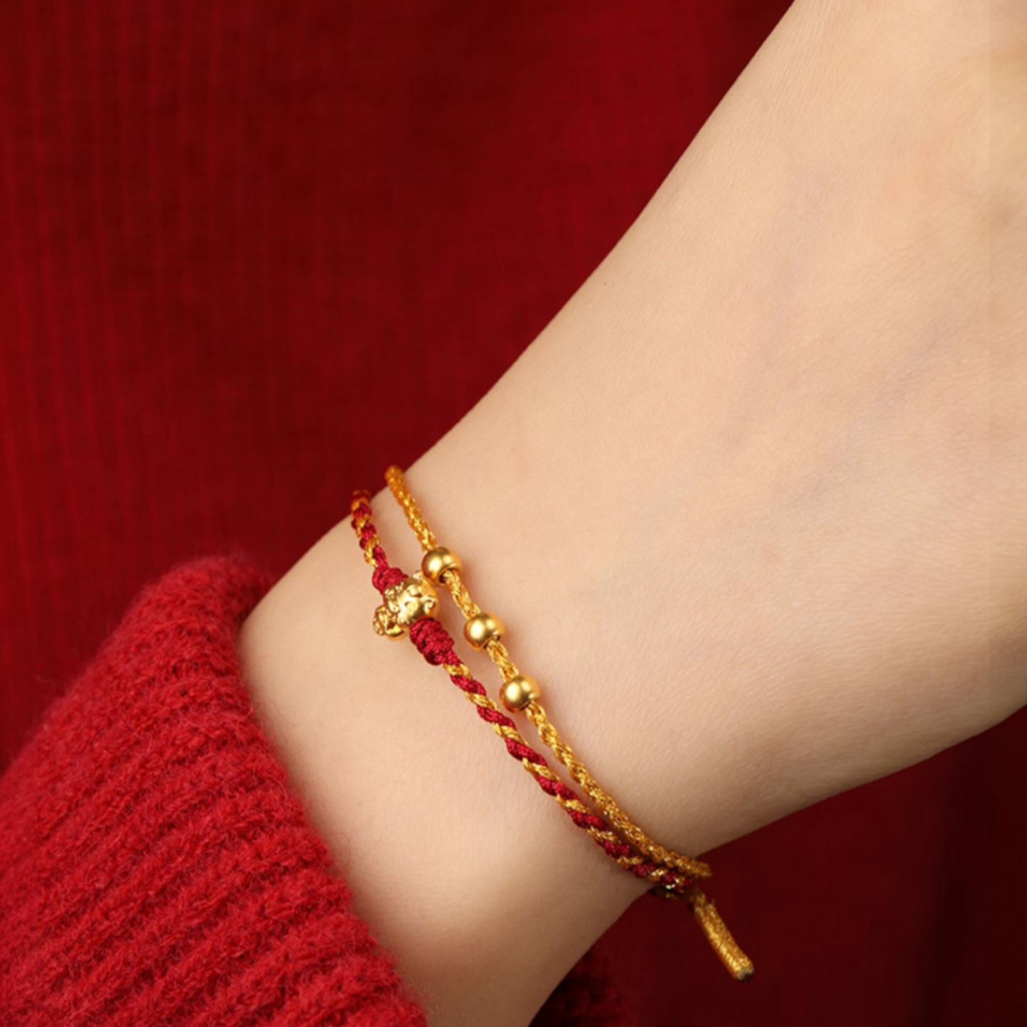 24k 999 Gold Year of Horse Double Layer Wealth and Luck Red String Braided Rope Bracelet