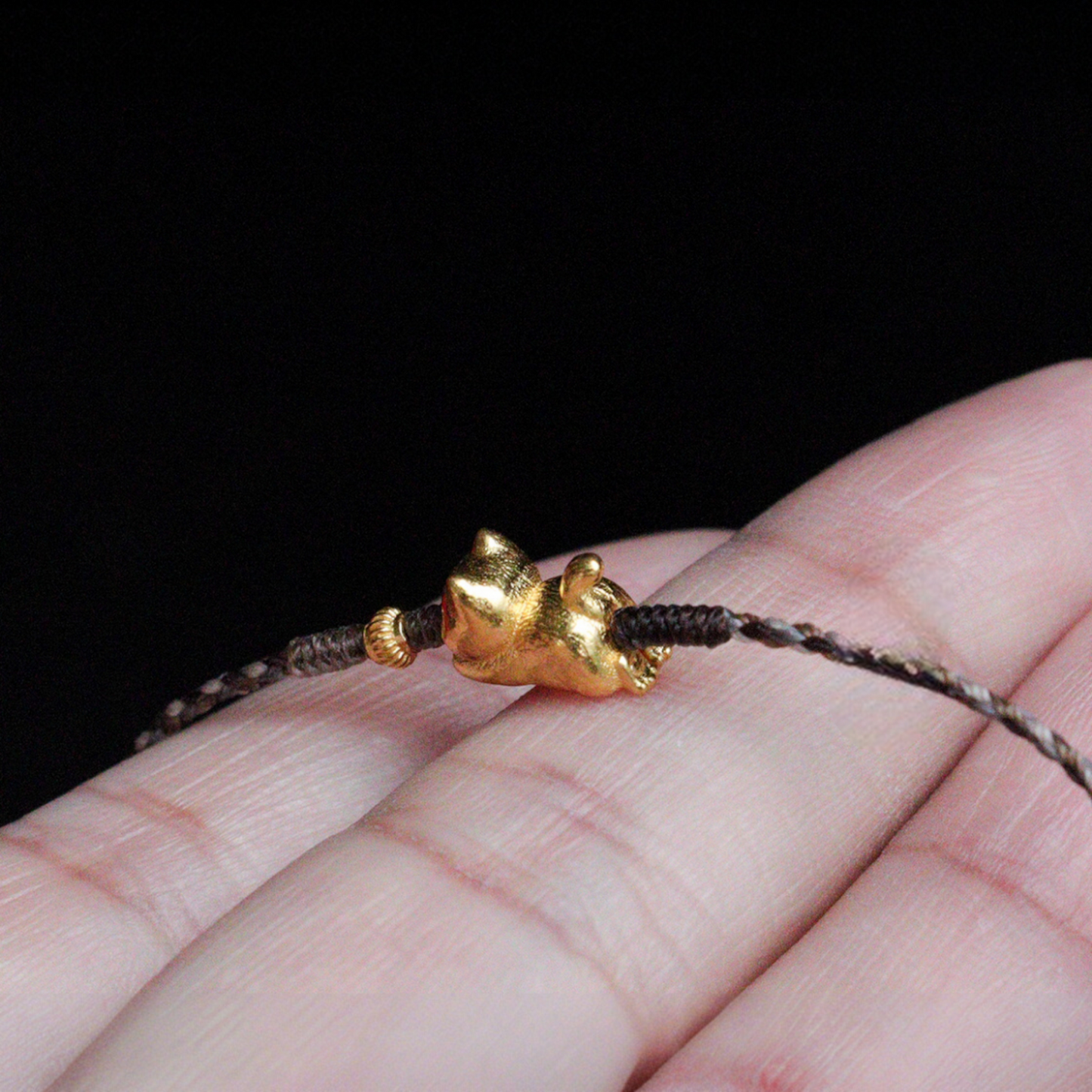 24k 999 Gold 3D Cat Kitty Charm Braided Waxed Thread Bracelet