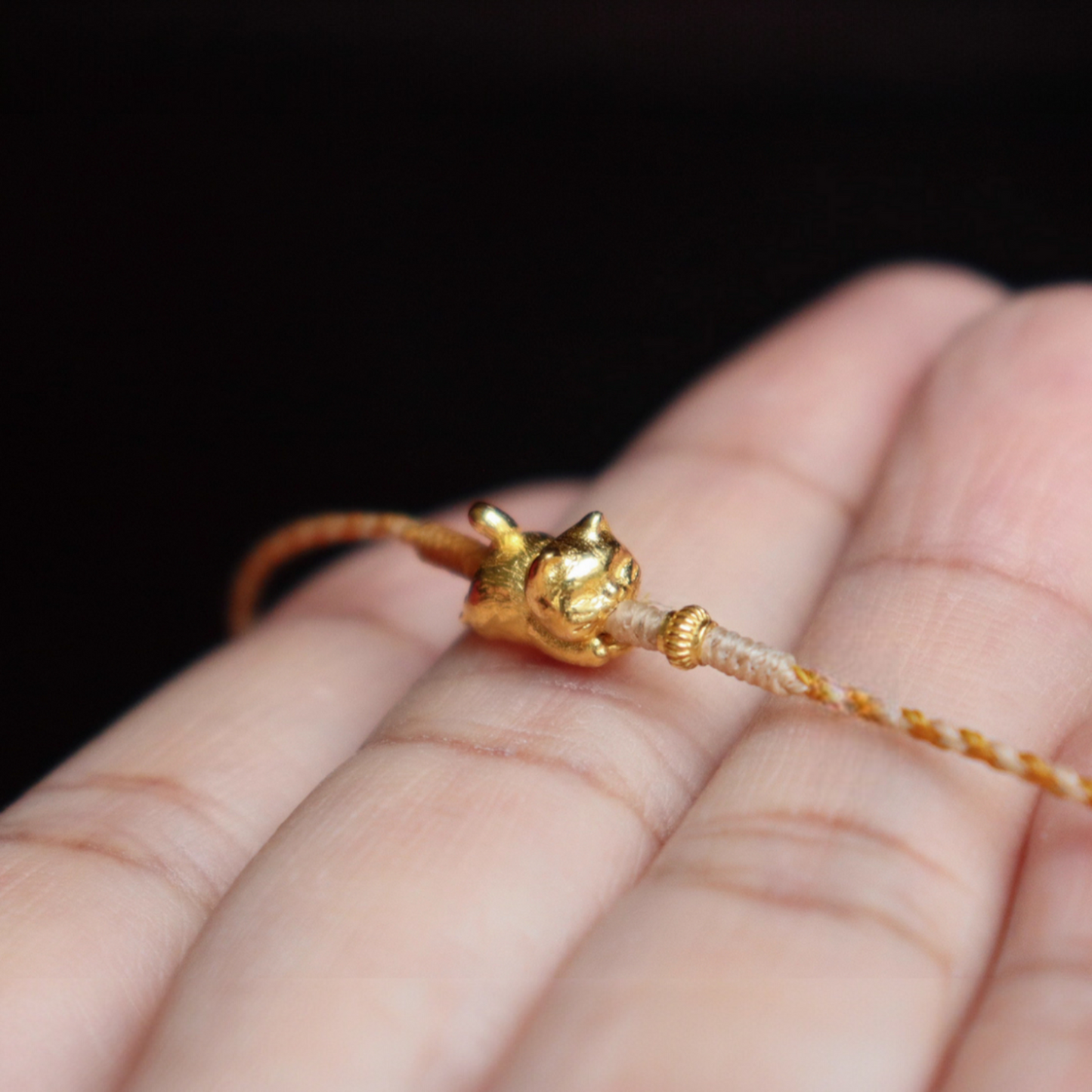 24k 999 Gold 3D Cat Kitty Charm Braided Waxed Thread Bracelet