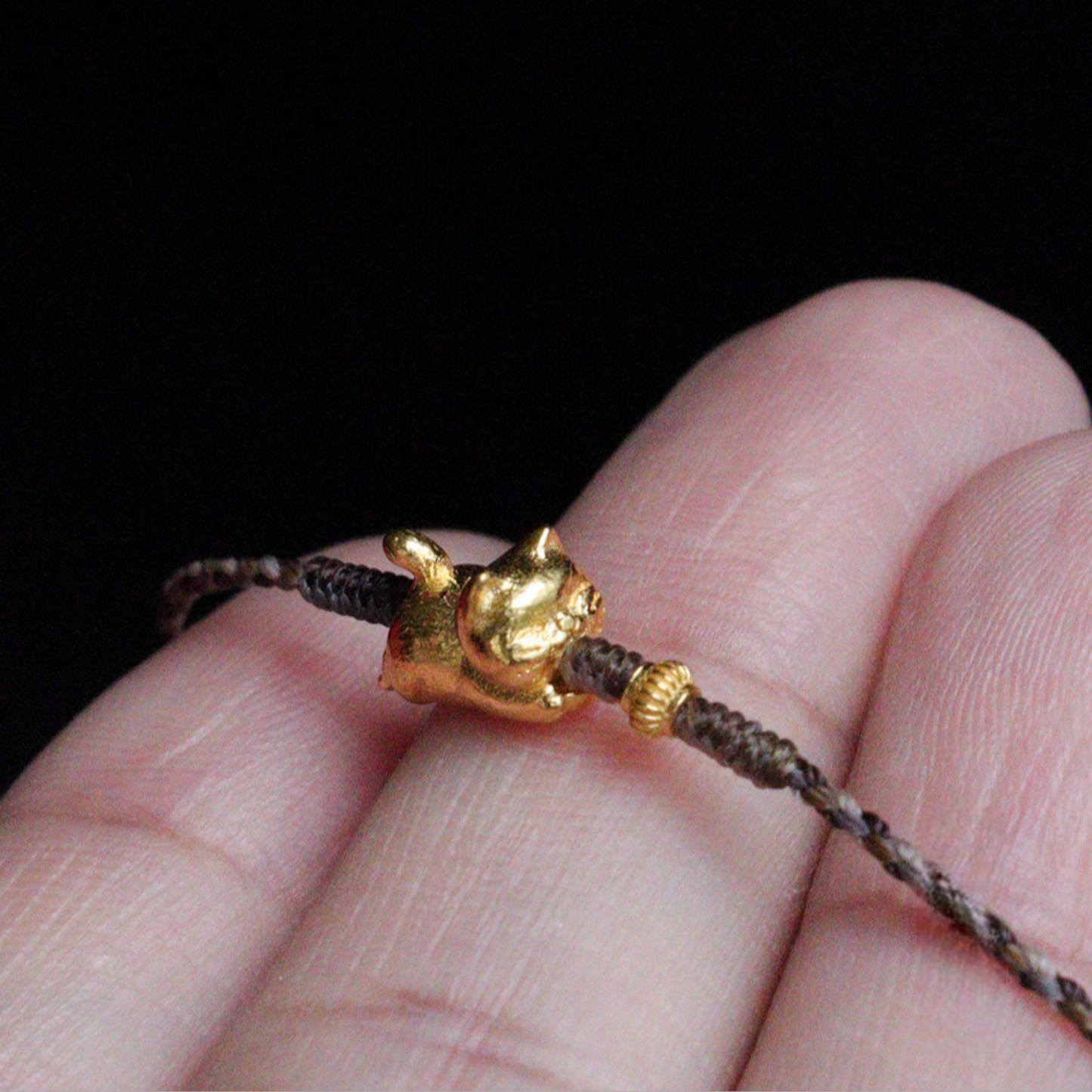 24k 999 Gold 3D Cat Kitty Charm Braided Waxed Thread Bracelet