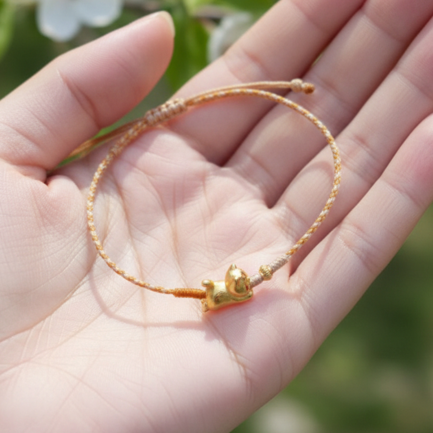 24k 999 Gold 3D Cat Kitty Charm Braided Waxed Thread Bracelet