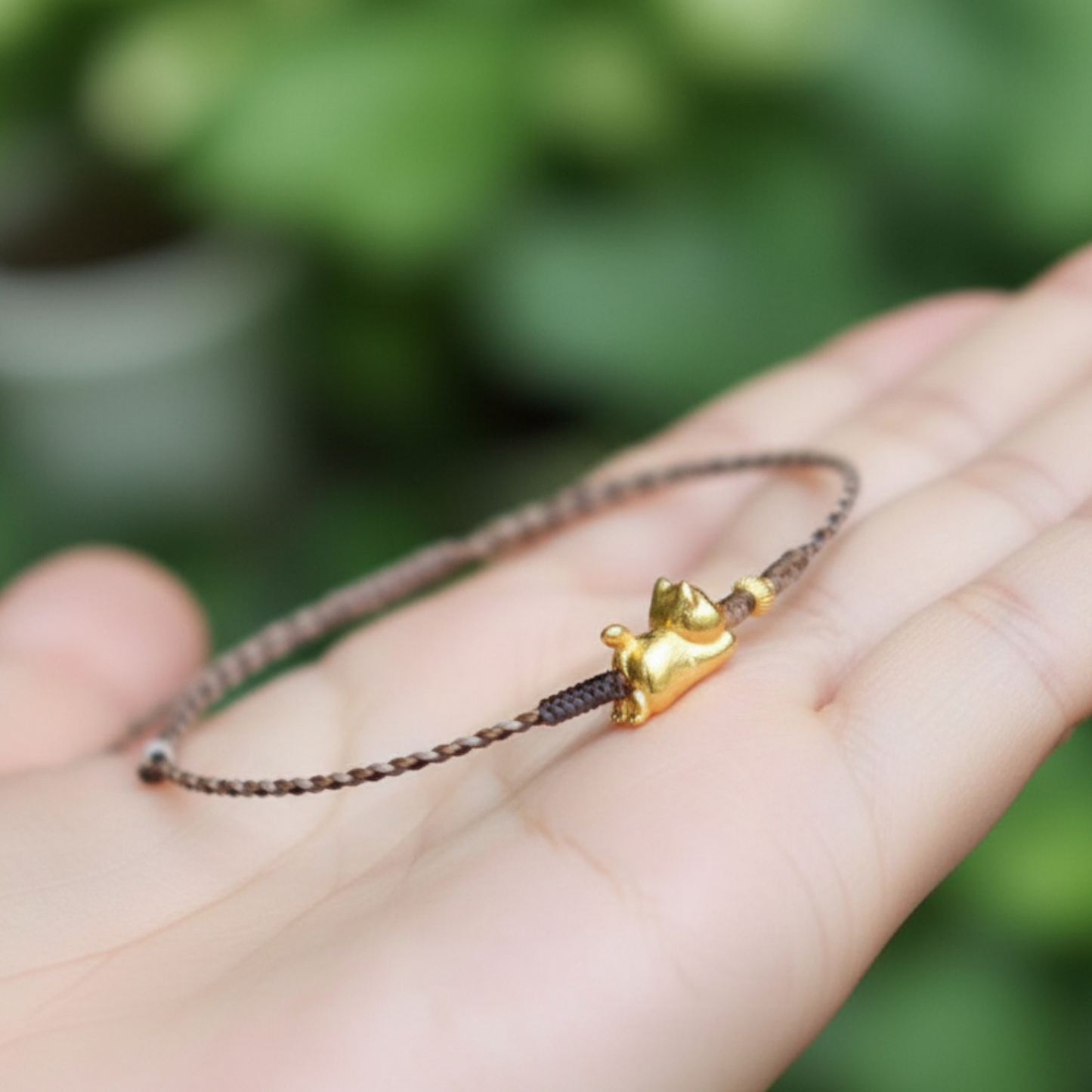 24k 999 Gold 3D Cat Kitty Charm Braided Waxed Thread Bracelet