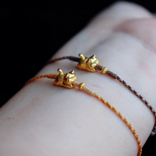 24k 999 Gold 3D Cat Kitty Charm Braided Waxed Thread Bracelet