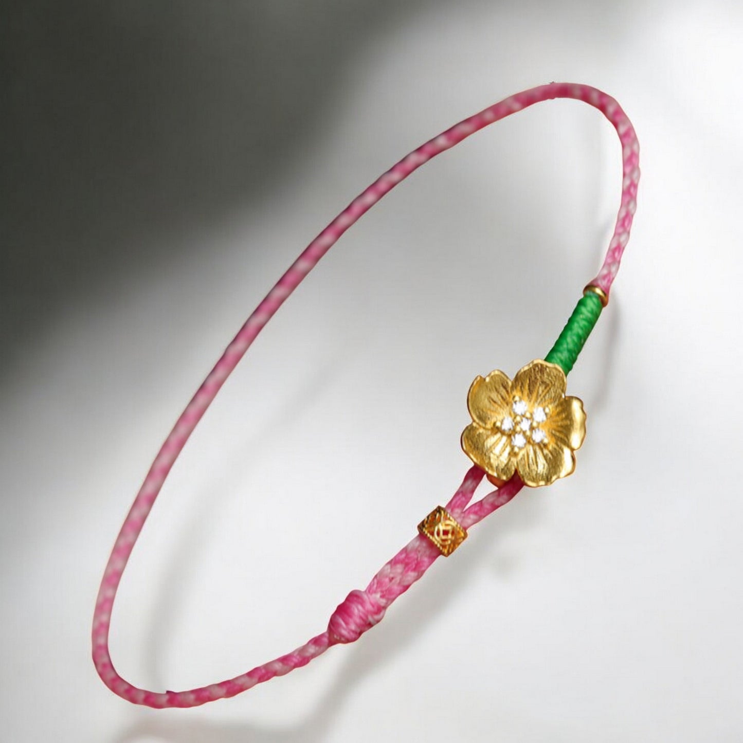 24k 999 Gold Cherry Blossom Moissanite Charm Pink Braided Rope Bracelet