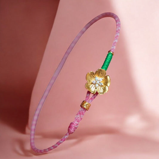 24k 999 Gold Cherry Blossom Moissanite Charm Pink Braided Rope Bracelet