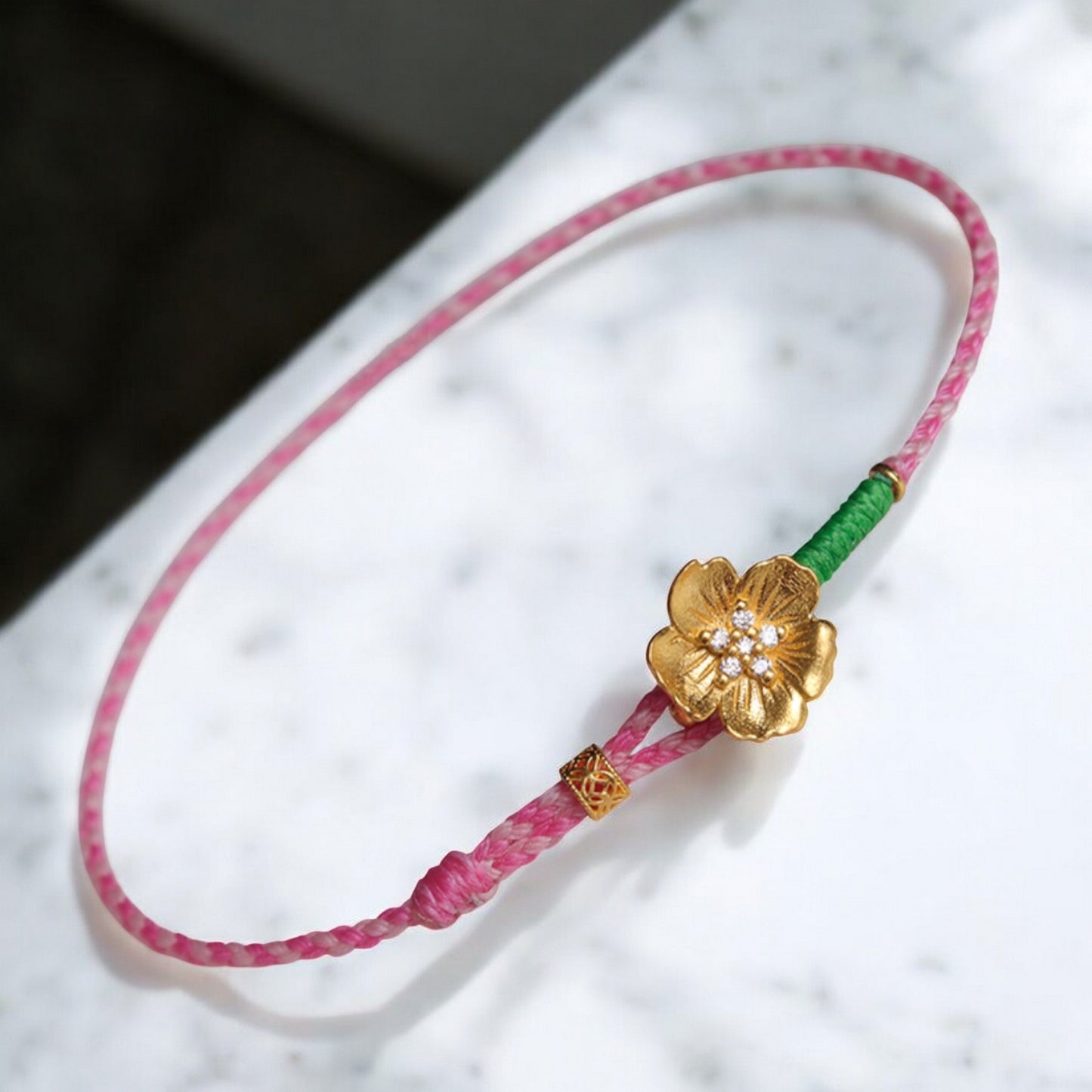 24k 999 Gold Cherry Blossom Moissanite Charm Pink Braided Rope Bracelet