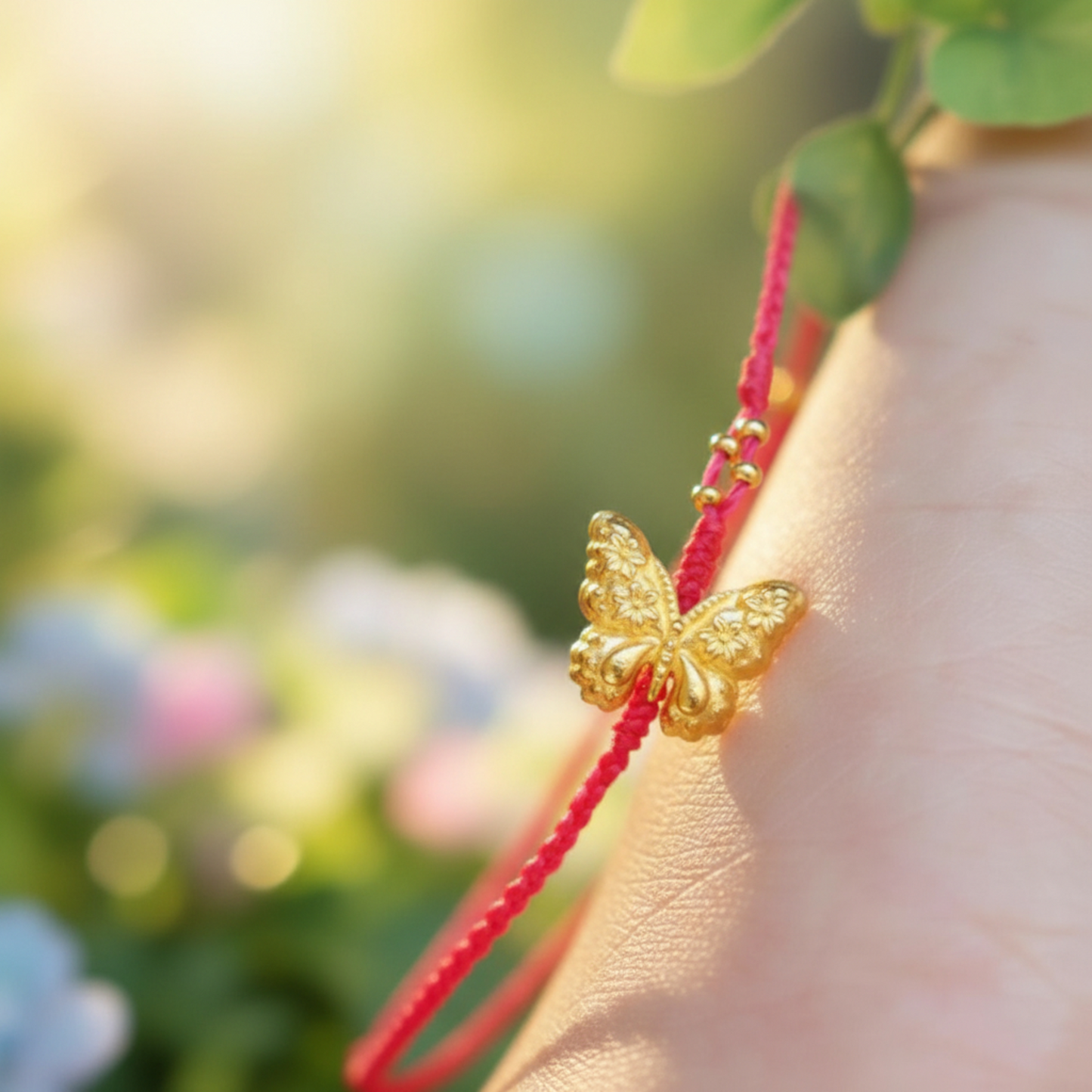 24k 999 Gold Butterfly Charm Red Braided Rope Bracelet