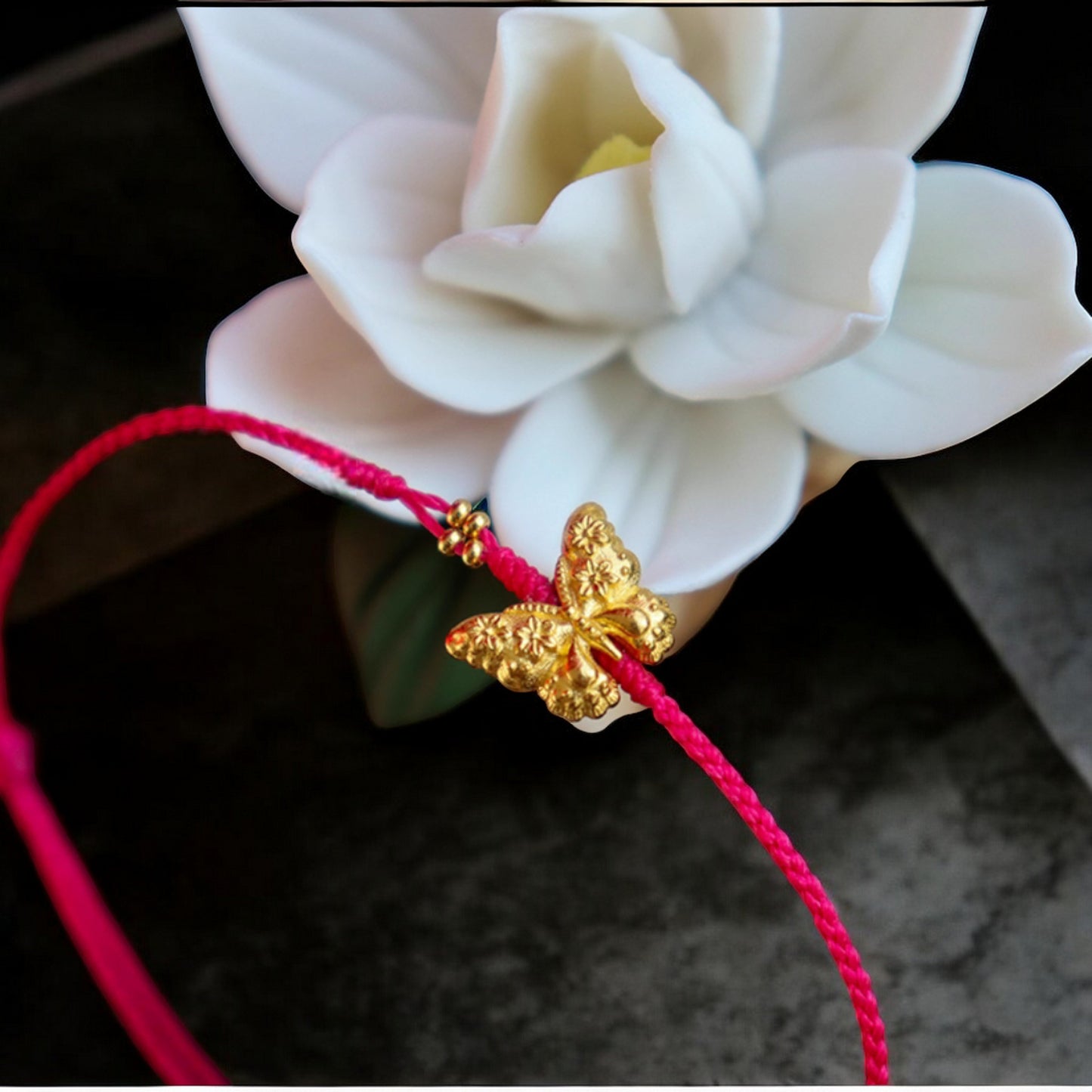 24k 999 Gold Butterfly Charm Red Braided Rope Bracelet