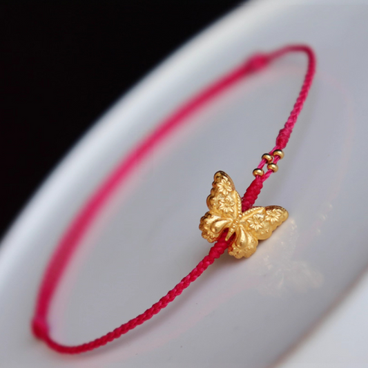 24k 999 Gold Butterfly Charm Red Braided Rope Bracelet